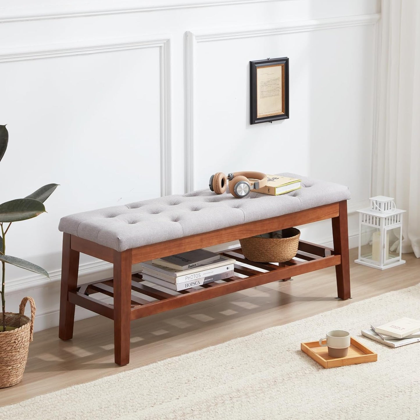 Upholstered Shoe Bench Entryway Bench for Bedroom, End of Bed, Ottoman Bench Tufted Padded Seat with Solid Wood Shelf for Living Room, Linen Ash Gray