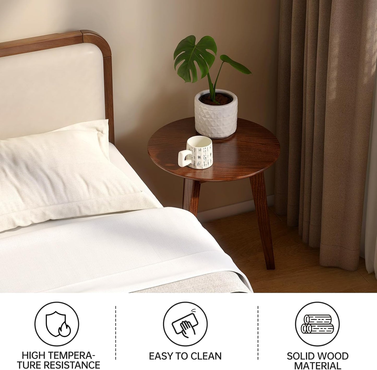 100% Solid Oak Round Side Table, Small Bedside Table for Small Spaces, Living Room End Table with Stable Frame, Modern Nightstand for Bedroom Couch, (Walnut, 17.71" D x 19.68" H)