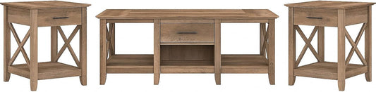 Bush Furniture Key West Coffee Table with Set of 2 End Tables in Reclaimed Pine