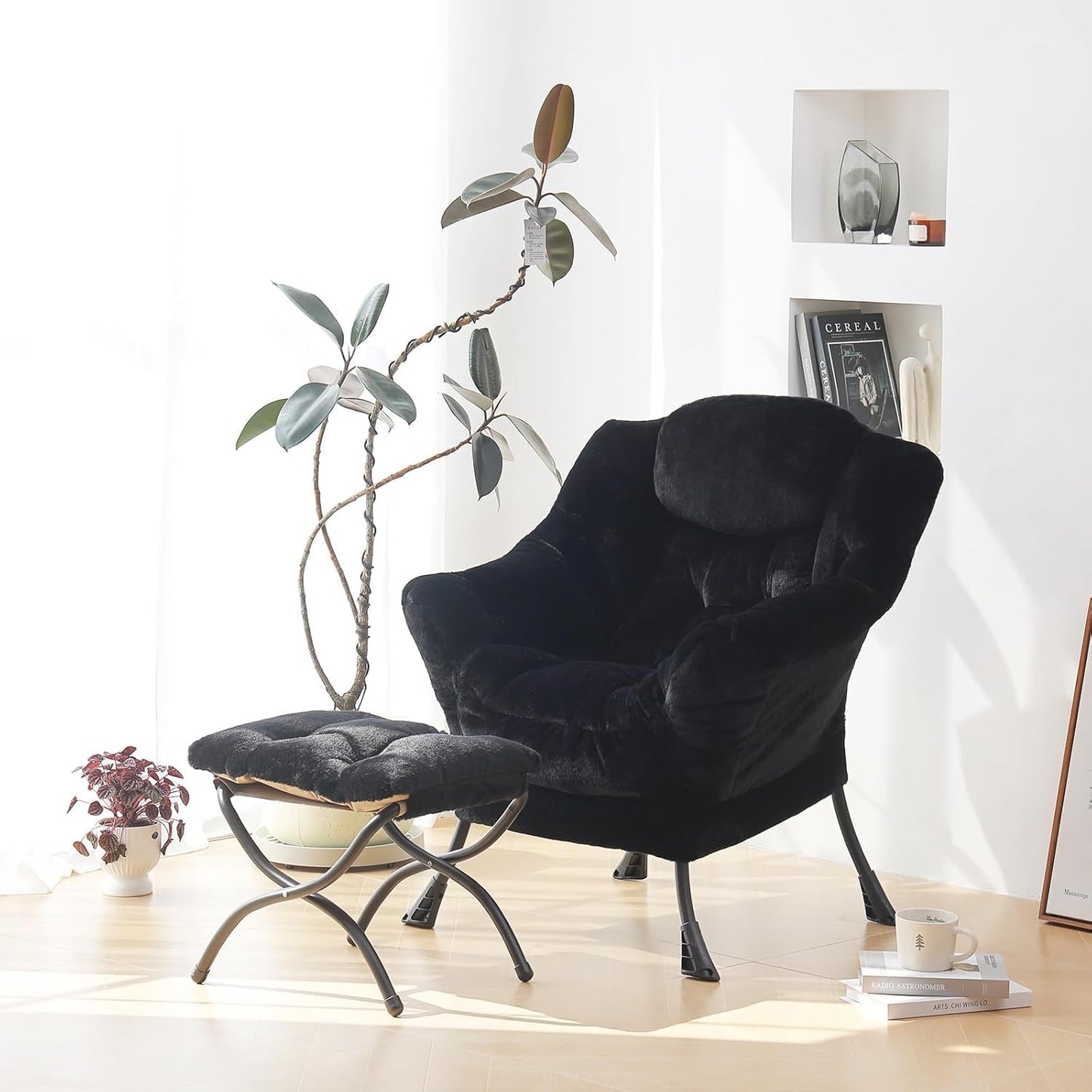 Plush Lazy Chair and Ottoman, Large Contemporary Accent Lounge Chair with Armrests and a Side Pocket, Modern Leisure Upholstered Sofa Reading Armchair with Footrest for Bedroom, Living Room