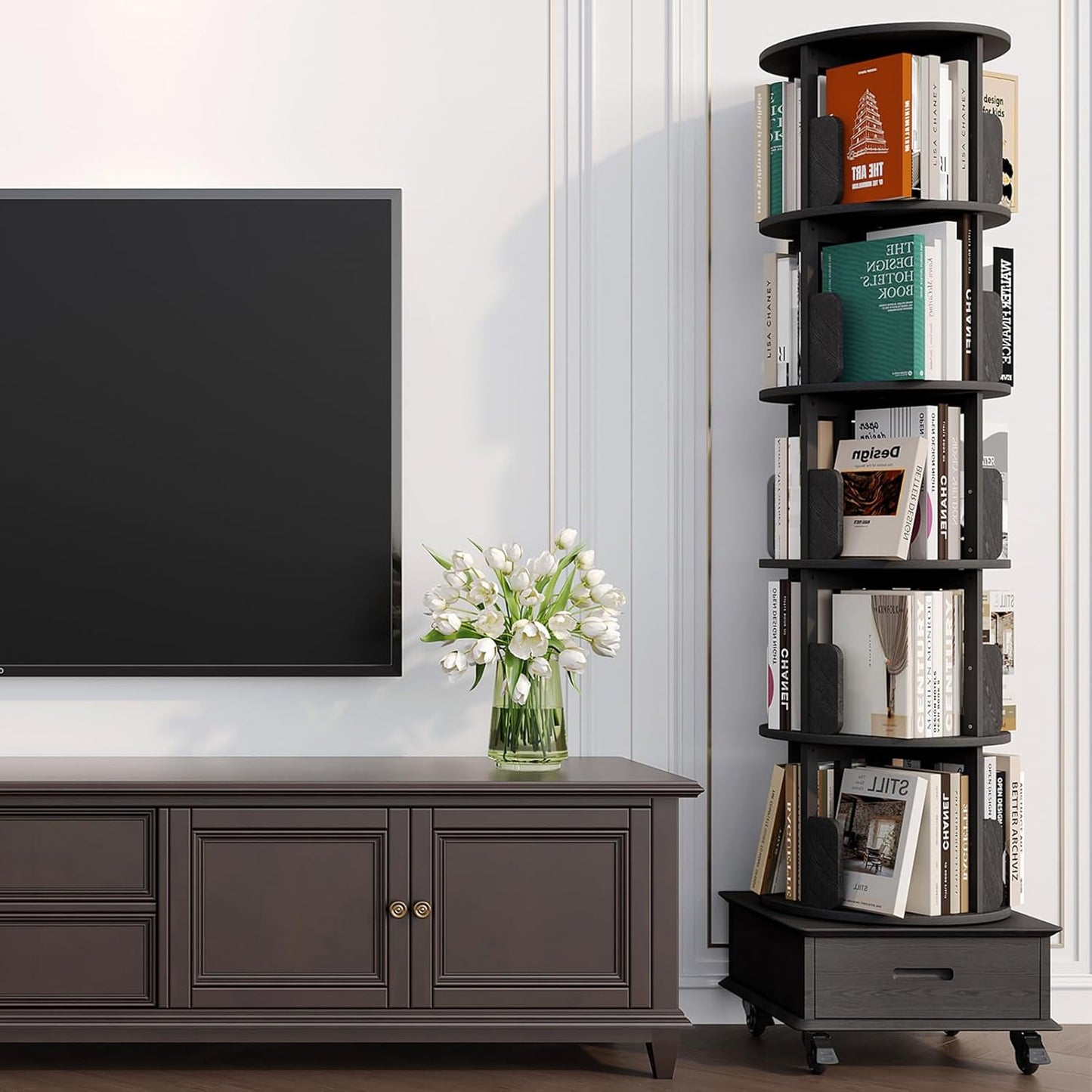 Solid Wood Rotating Bookshelf Tower on Wheels, 5-Tier Spinning Bookcase with Drawer, 72" Floor Standing Revolving Bookshelf, Rotating Bookcase for Small Space, Black