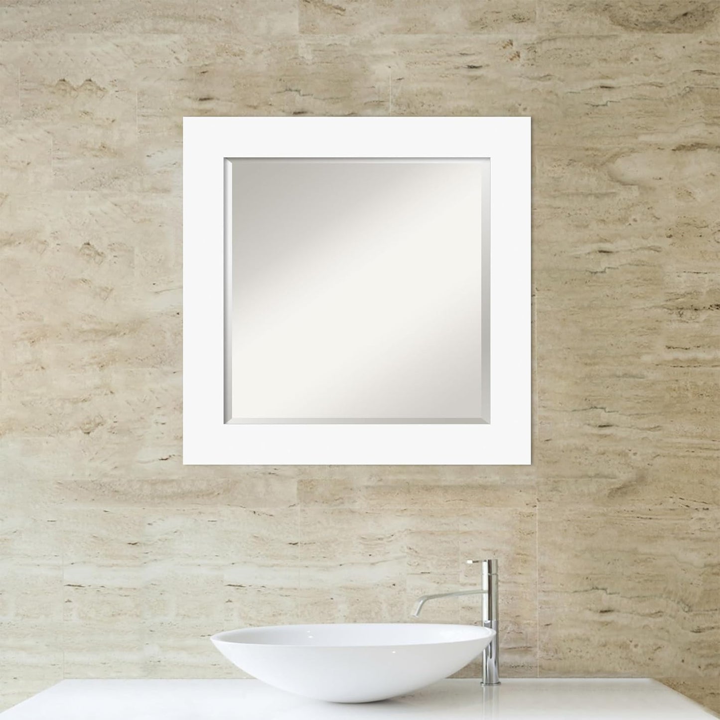 Amanti Art White Bathroom Mirror for Over Sink, 26x26 Basic White Square Vanity Mirror, Medium Casual Wood Frame, Hangs Horizonally and Vertically, Bathroom Wall Decor, Beveled Edge from WI, USA