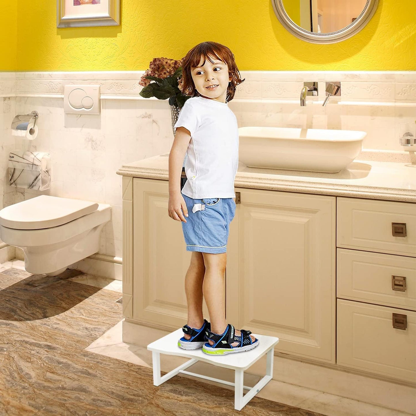 Wooden Step Stool with 500 Pounds, Wide Bed Step Stool for Adults,Wood White Step Stool&Stable Solid Metal Frame for Kitchen, Bedroom, Living Room, Bathroom