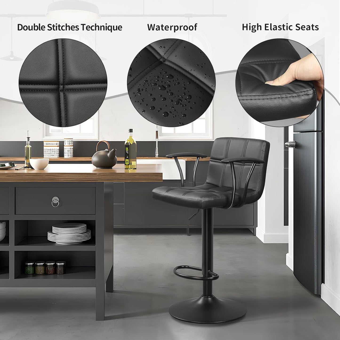 Bar Stools Set of 2, Armrest Adjustable Swivel Barstools with Back, Double Needle PU Leather Counter Height Chairs for Kitchen lsland (Black)