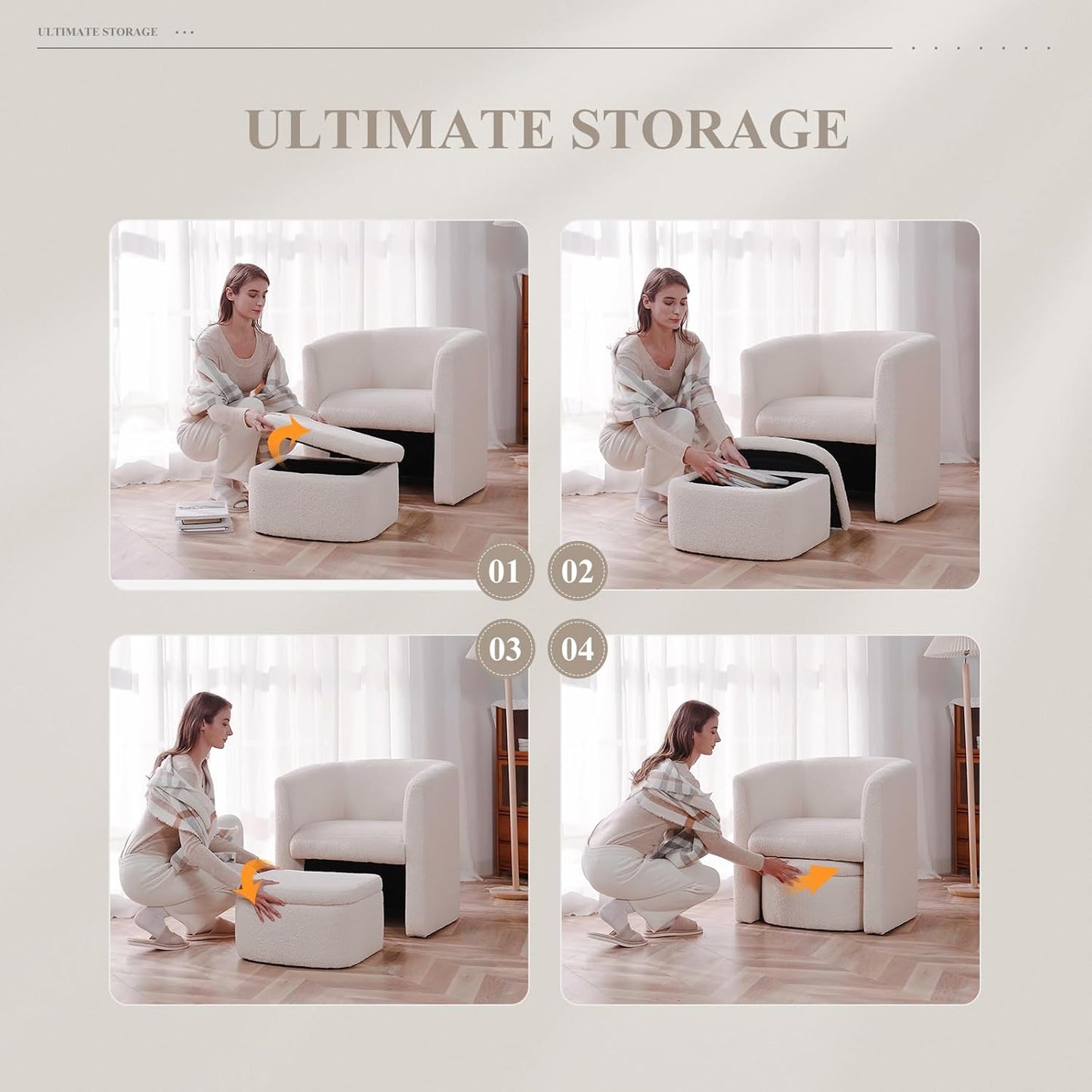 COLAMY Morden Velvet Barrel Accent Chair with Storage Ottoman Set of 2, Upholstered Living Room Side Chair, Single Sofa Armchair with Lounge Seat for Bedroom/Office/Reading Spaces, Cream