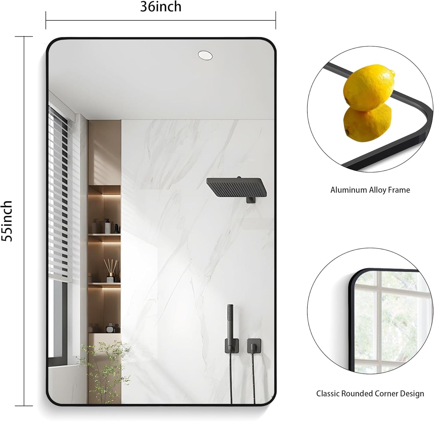 FORBATH Large Bathroom Mirror 36 x 55 Inches,Black Large Wall Mirror Aluminum Frame Wall Mounted Rounded Corner Morndern Mirror for Bathroom Bedroom Entryway Living Room