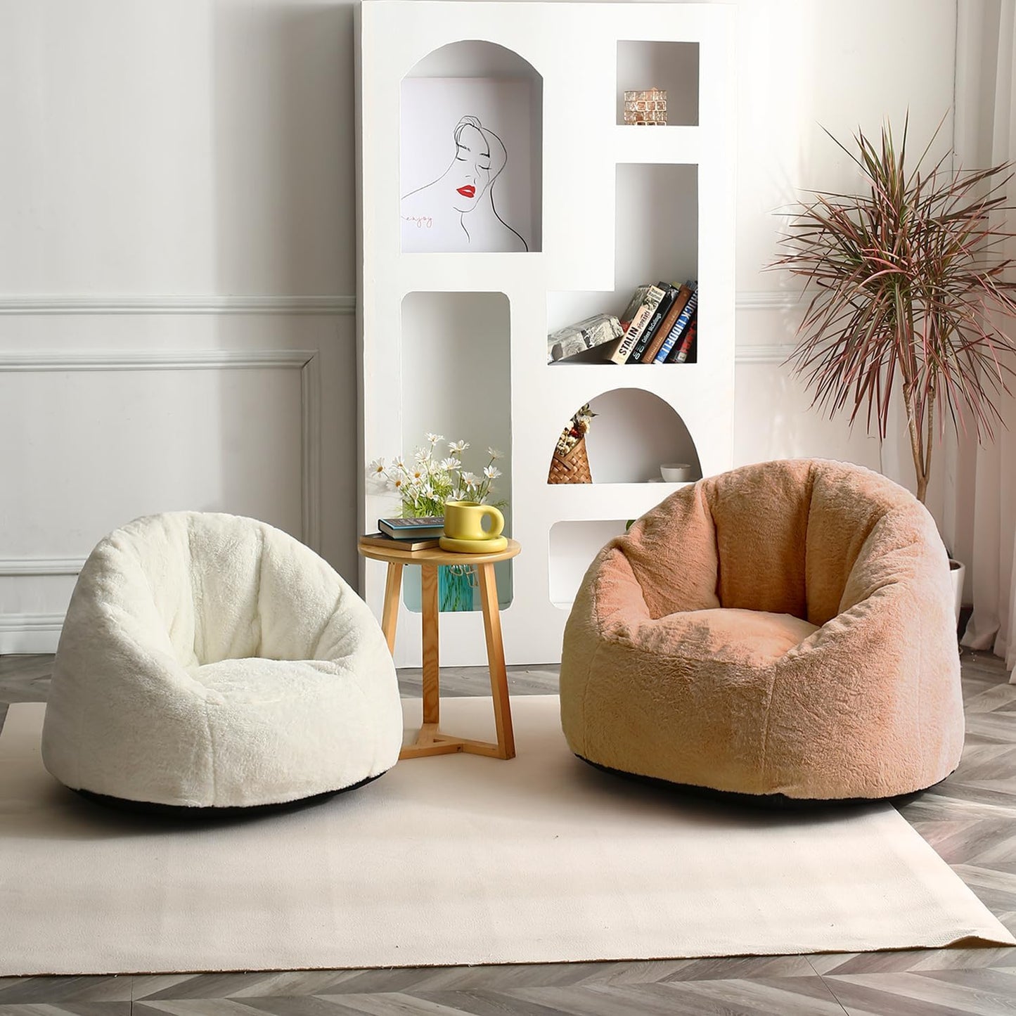 N&V Medium Shell Bean Bag Chair, Adult Size Bean Bag Sack, Foam Filling, Includes Removable and Machine Washable Cover, 37in, Soft Faux Fur (Brown, Medium)