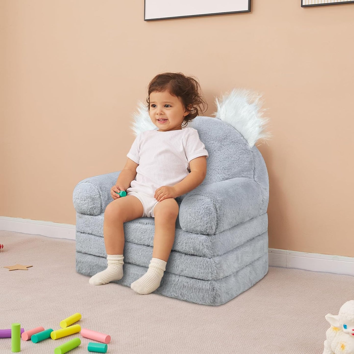 Toddler Chair with Faux Rabbit Fur – 2-in-1 Foldable Kids Couch, Koalas Design, Soft Sofa for Reading, Napping, Bedroom or Playroom Use, 18 Months+ (Koalas)