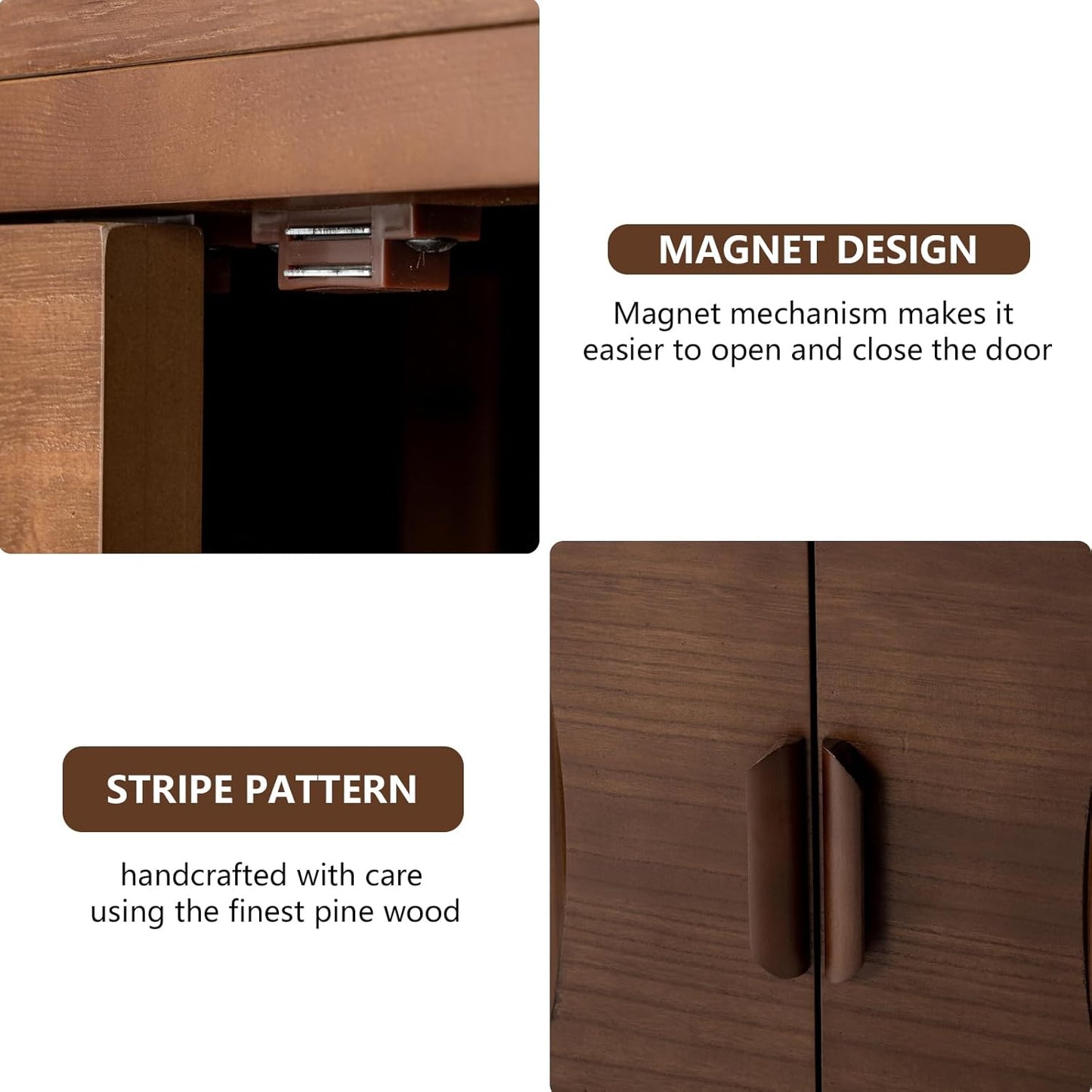 COSIEST Set of 3 30" Storage Sideboards with Doors, Accent Cabinets with Magnetic Push-to-Open Doors, Brown Line Pattern, Entryway Console for Living Room, Kitchen, Hallway