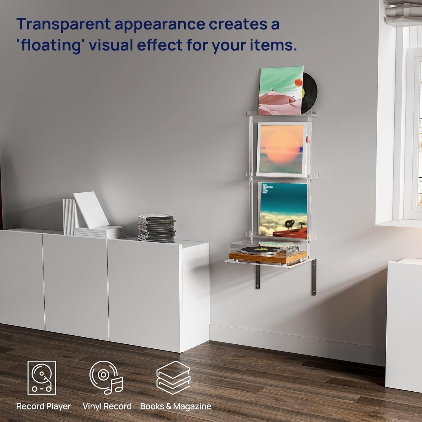 HMYHUM Wall Mounted Acrylic Record Player Stand, Clear Floating Record Player Table with Vinyl Storage, Modern, 15.6" L x 11.6" W x 40.2" H