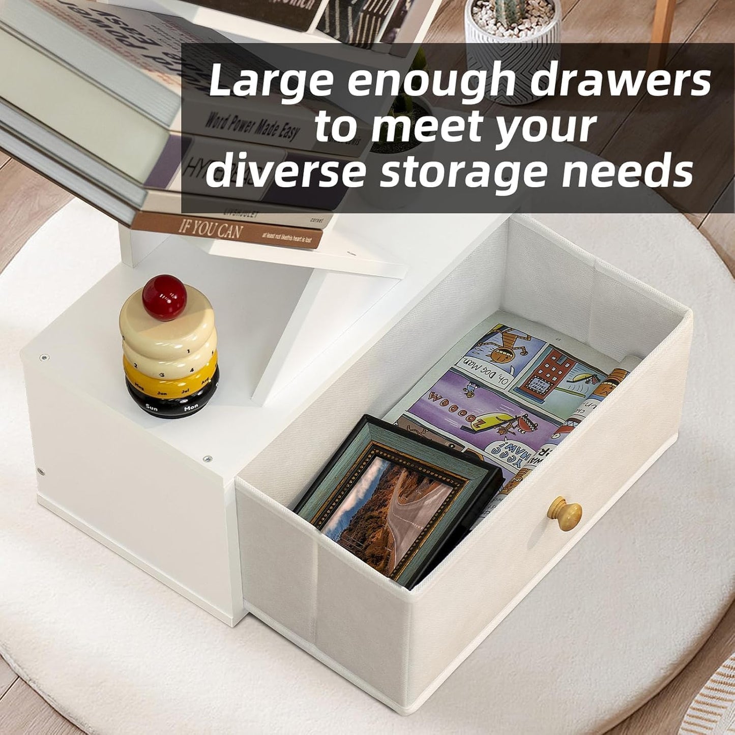 8 Tier Tree Bookshelf with Drawer, Free Standing Wood Bookcase for Narrow Space, Storage Organizer Bookshelves for Books, Book Case for Home Office, Living Room, Bedroom - Sweet White