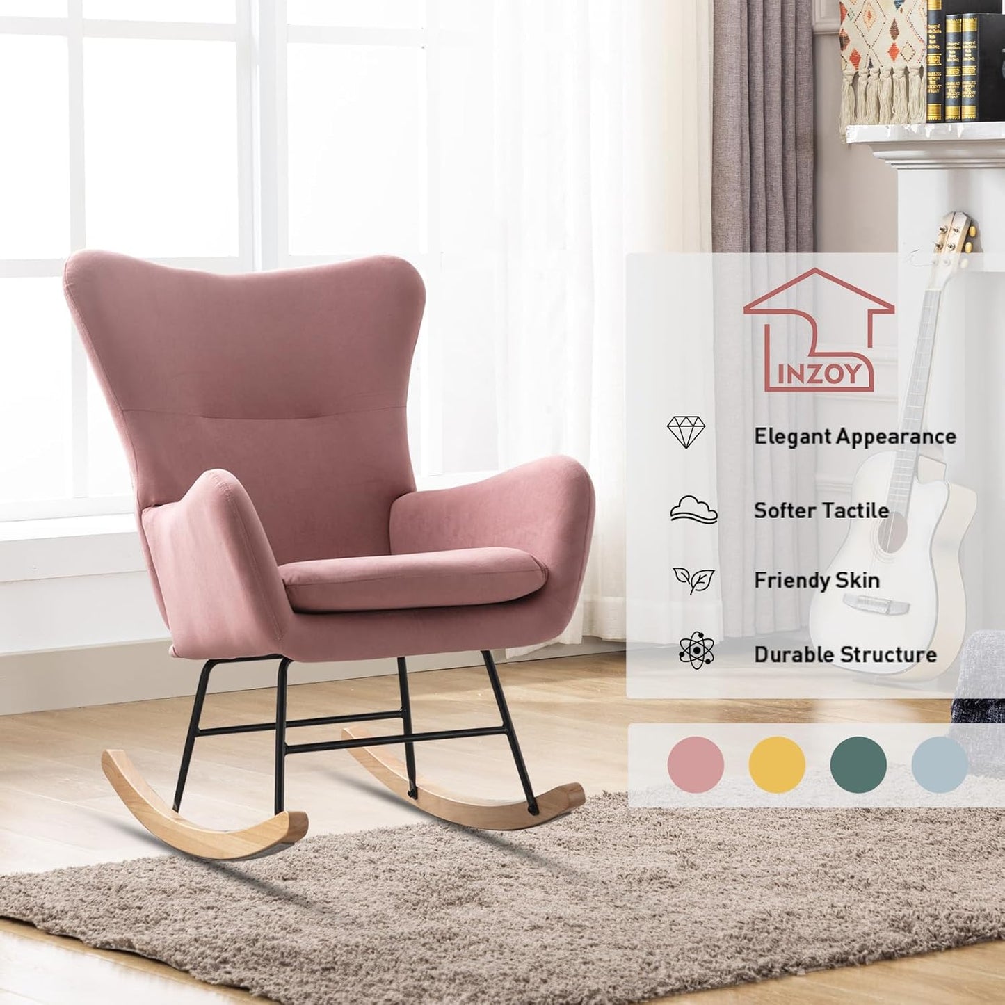 Phoenix Home Rocking Chair Nursery Velvet Upholstered Glider Rocker Rocking Accent Chair Padded Seat with High Backrest Armchair Comfy Side Chair for Living Room Bedroom Offices, Pink