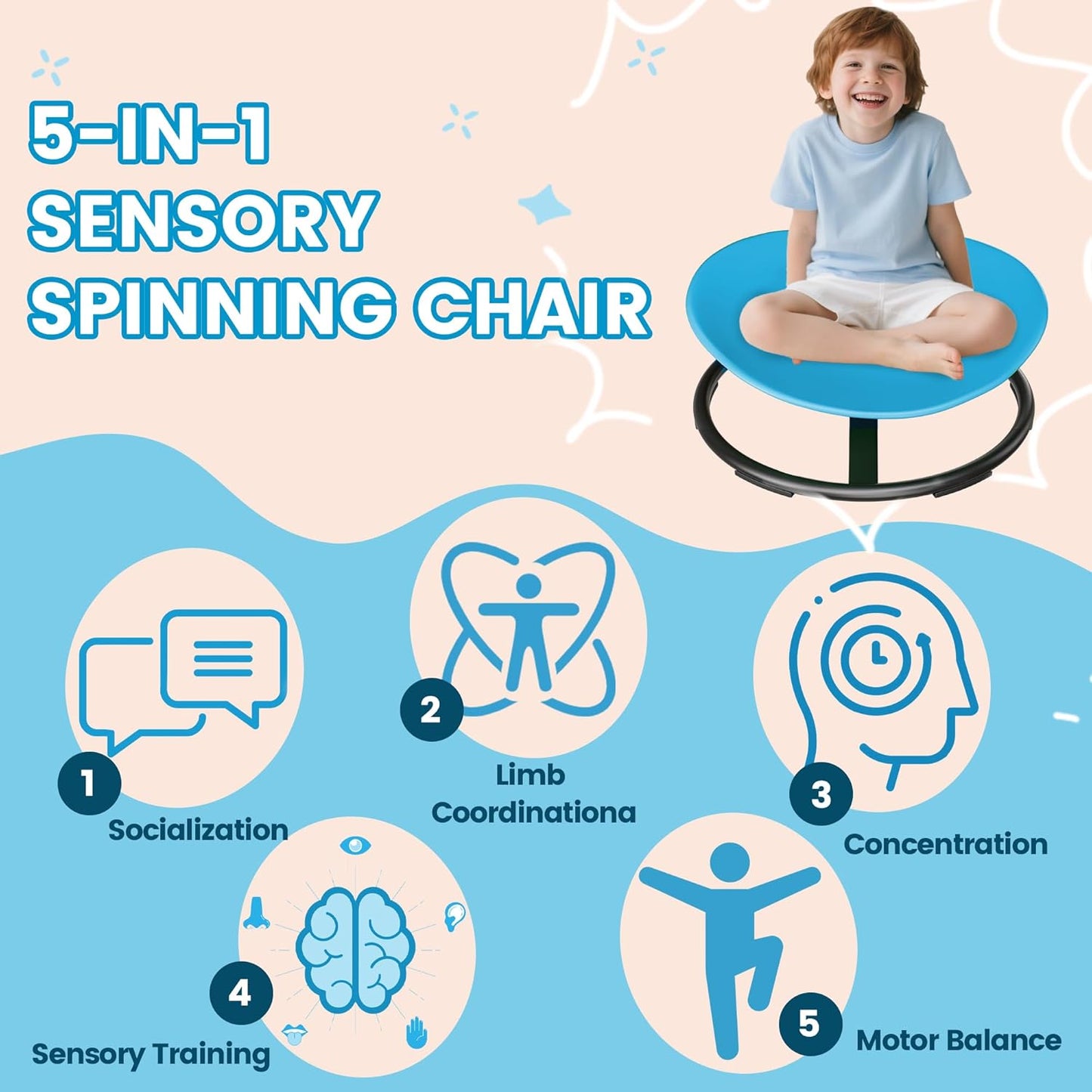 21" L × 19" W Large Size Spinning Chair for Autistic Kids, Toddler Sensory Spinning Chair, Sensory Toys Gifts for Kids with Autism & ADHD, Sit and Spin Training Body Coordination, Azure Rounded Shape