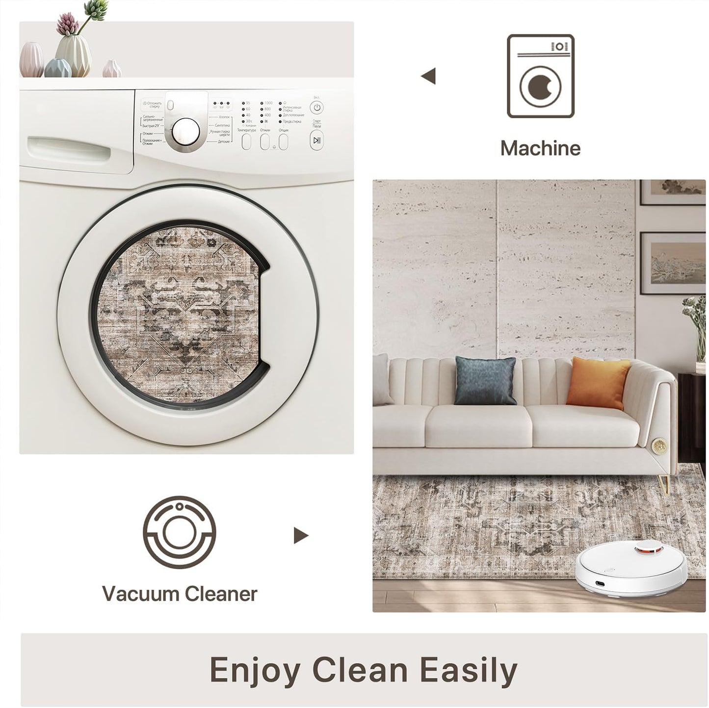 GENIMO 8x10 Area Rugs for Living Room, Machine Washable Non Slip Vintage Rugs, Low Pile Lightweight Chenille Print Rug for Bedroom, Dining Room, Home Office, Brownish Drab