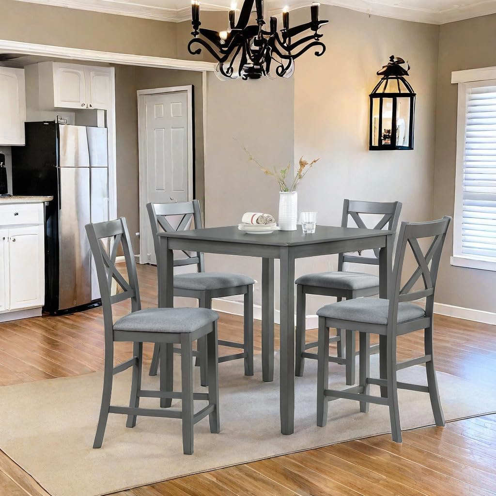 5PCS Dining Table Set, Counter Height Kitchen Table Set with Square Table and 4 Upholstered Chairs, Square Dining Table Set for 4, Gray