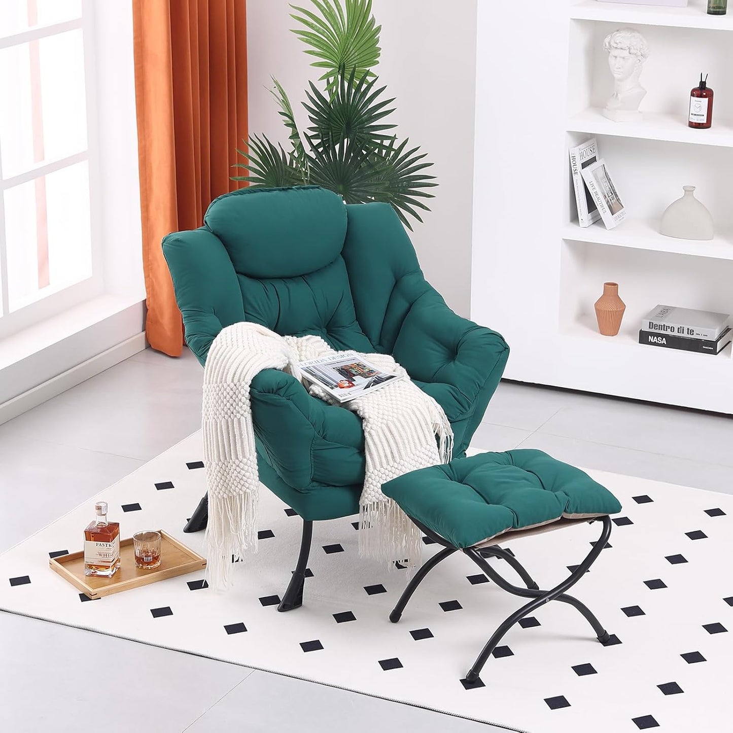 Lazy Chair with Ottoman, Modern Accent Chair Contemporary Lounge Leisure Sofa Chair with Armrests, Reading Chair and Folding Footstool Set for Living Room, Bedroom, Office