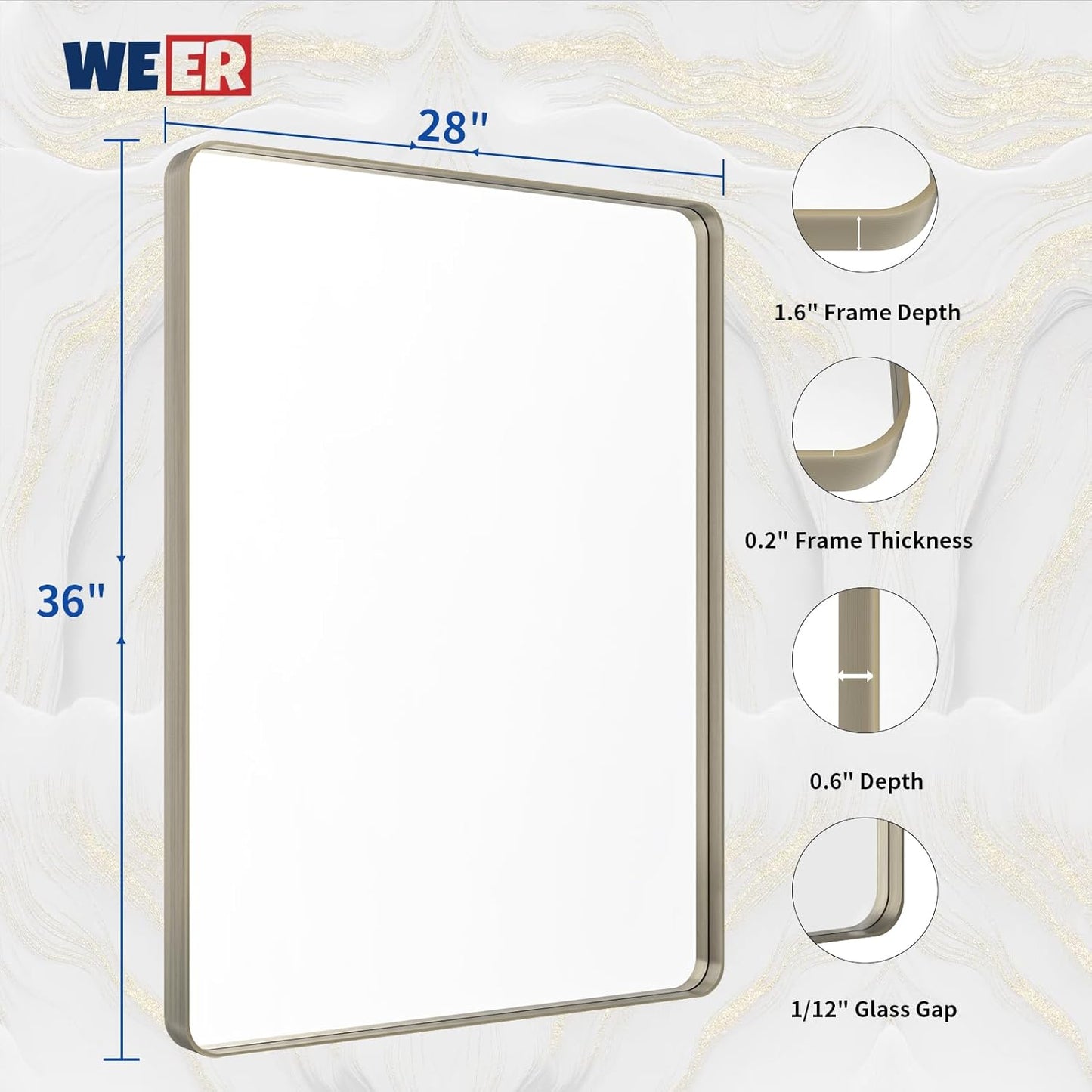 WEER 28X36 Inch Brushed Nickel Bathroom Mirror, Brushed Silver Metal Frame Mirror, Rounded Rectangle Silver Bathroom Vanity Mirror, Tempered Glass, Anti-Rust, Hangs Horizontally or Vertically