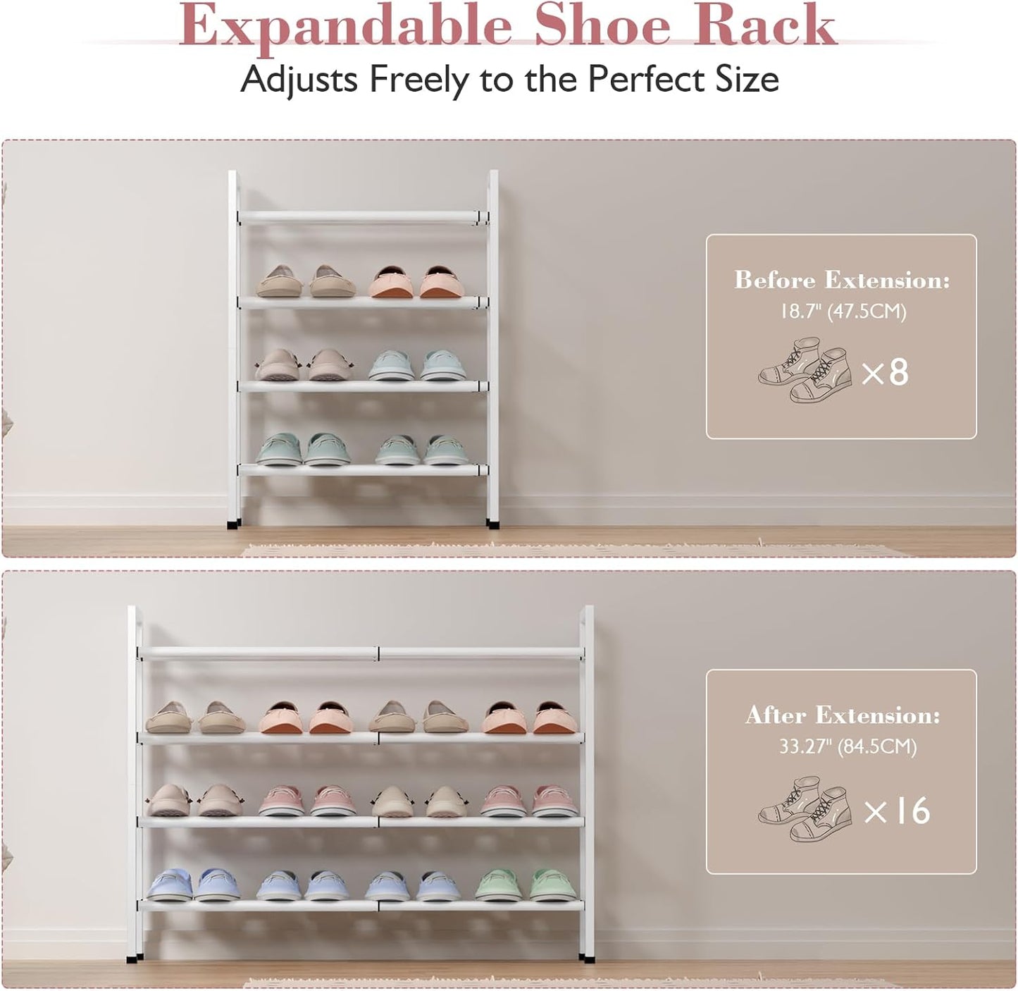 Bumusty 4-Tier Expandable Shoe Rack for Closet, 18“-33” Adjustable Shoe Rack for Small Space, Small Shoe Organizer for Front Door, Sturdy Metal, White