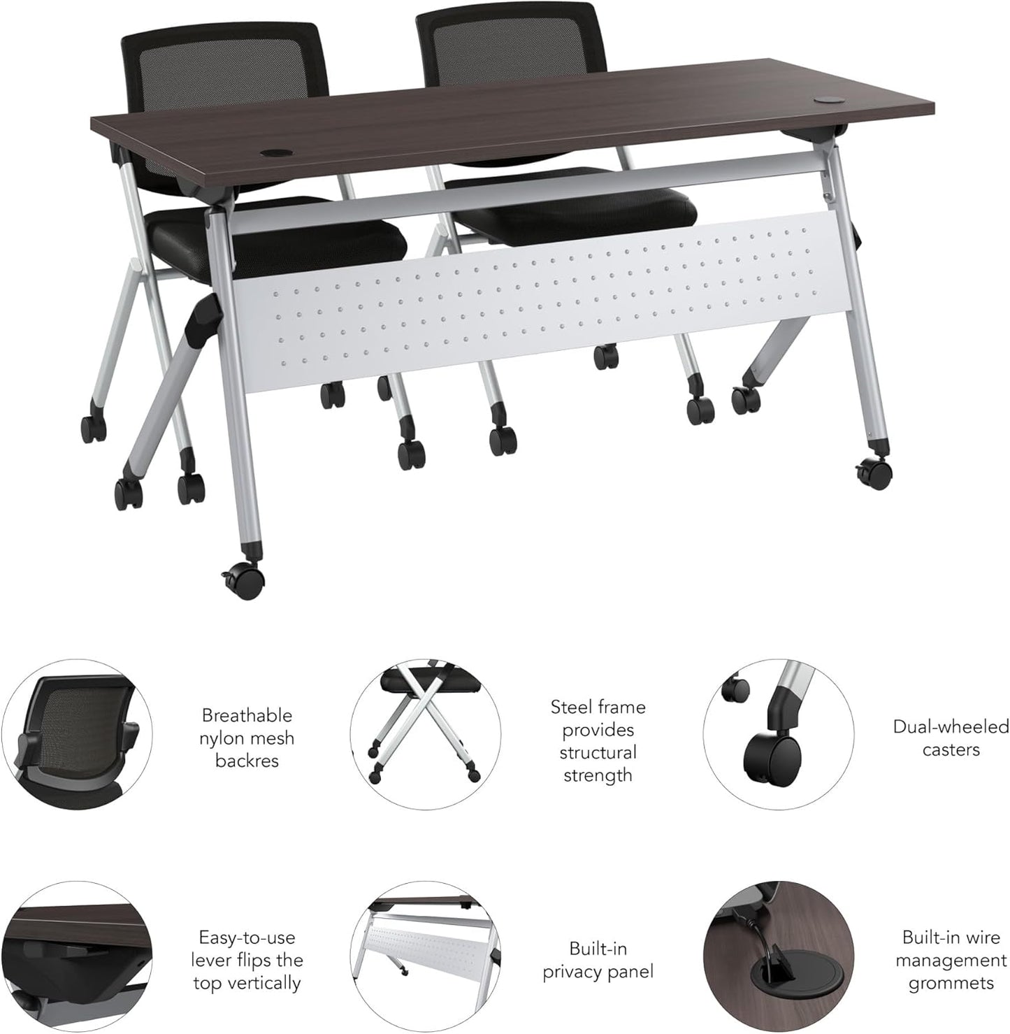 Bush Business Furniture Folding Training Table Set for 2, 60 inch, 2 Mesh Back Folding Chairs, Commercial-Grade Bundle for Office or Classroom, Envision Collection, Gray