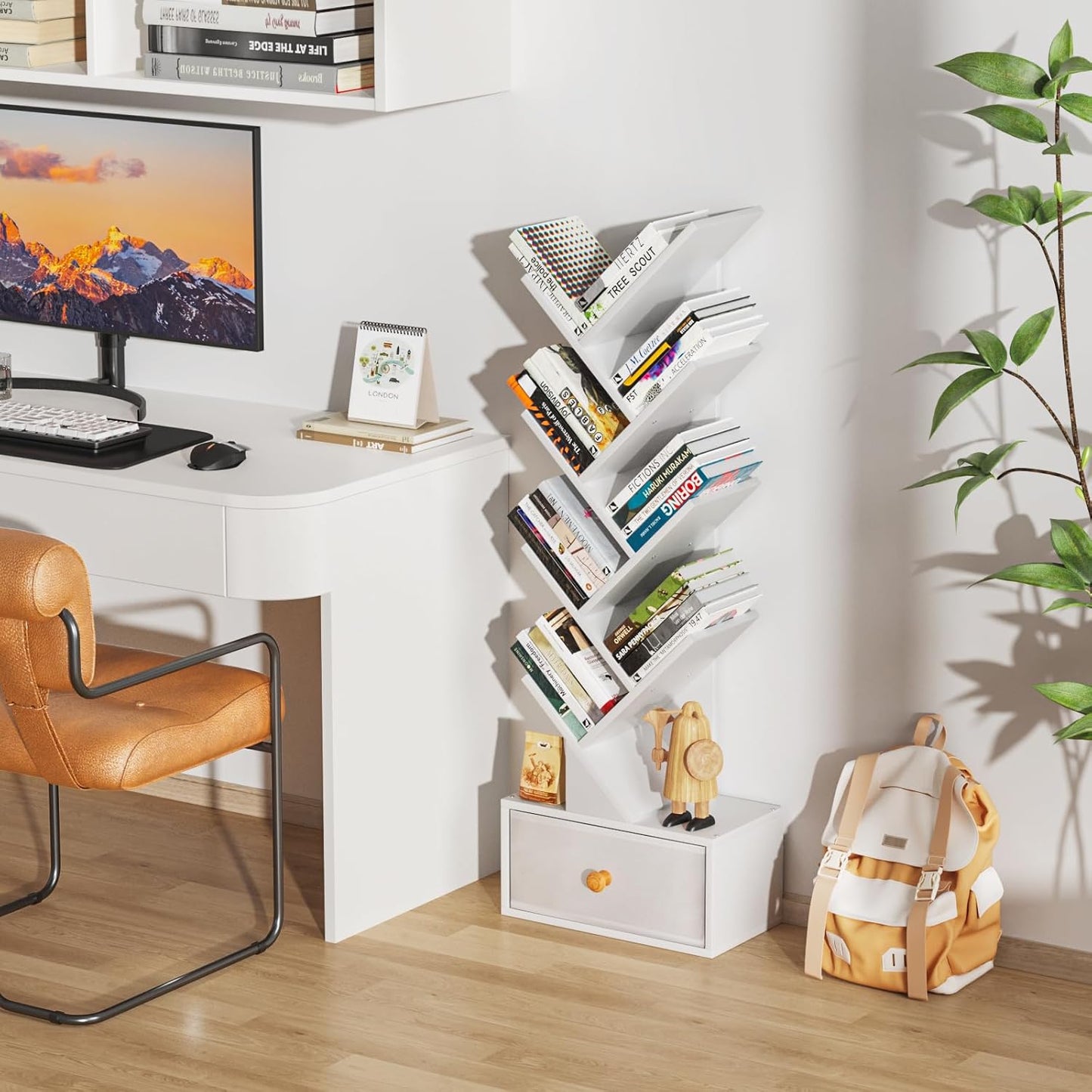 8 Tier Tree Bookshelf with Drawer, Free Standing Wood Bookcase for Living Room, Bedroom, Home Office, Space Saving Storage Organizer Bookshelves for Books, CDs, Vinyl Records- White