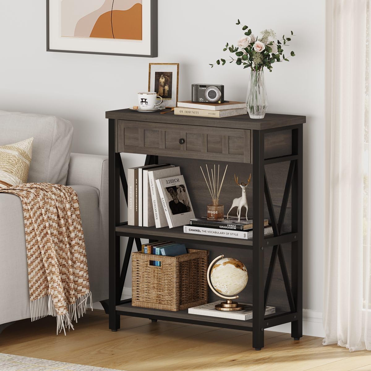 FATORRI Rustic Small Bookshelf, Industrial Wood Book Shelf with Drawer, 3 Shelf Bookcase for Small Space, Low Book case for Living Room, Home Office (Walnut Brown)