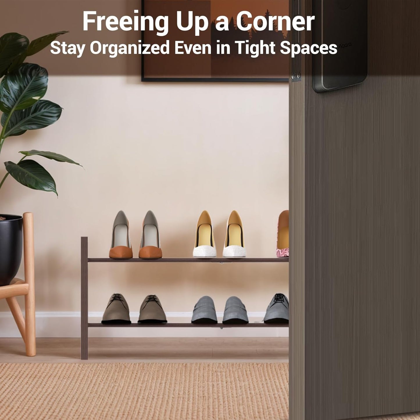 Haddockway Bamboo Shoe Rack for Closet, Free Standing Shoe Organizer with Smooth Round Rods & Convenient Handles, Stackable Shoe Storage Shelf for Entryway, Hallway(Brown, 2-Tier)