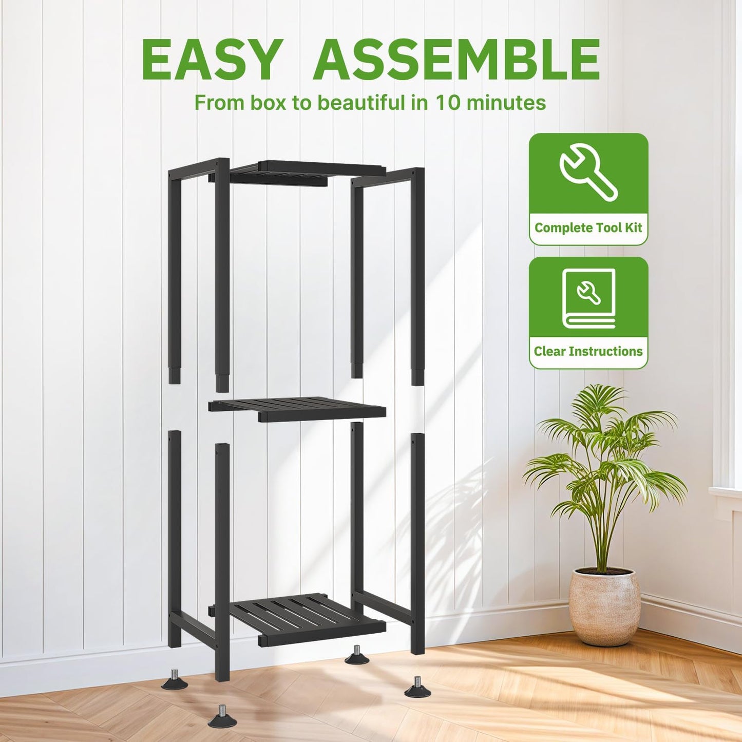 KMOTASUO 3 Tiered Black Tall Plant Stand for Indoor Outdoor, Heavy Duty Metal Multiple Large Planter Rack for Narrow Corner, Sturdy Iron Vertical Flower Holder for Modern House, Patio, Bathroom, Porch
