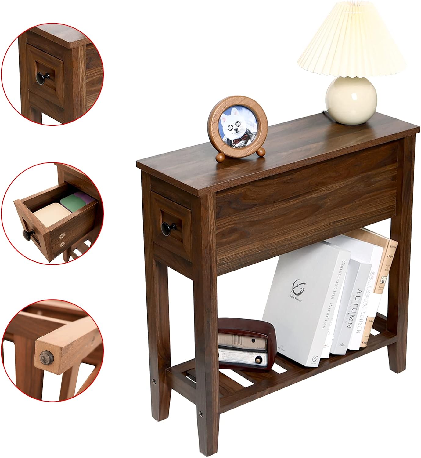 2 Pack Chairside Narrow End Table with Drawer, Solid Recliner Side Table with Storage Shelf, Slim Nightstand Bedside Table for Bedroom