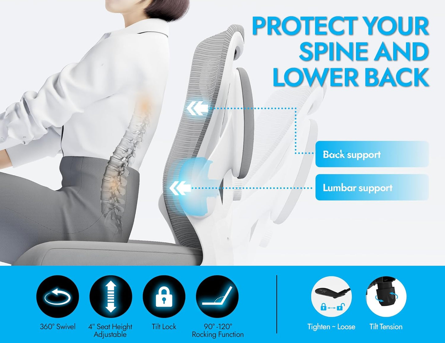 Ergonomic Office Chair - X-Shaped Computer Desk Chairs Comfy, Mesh High-Back Gaming Chair with Adjustable Lumbar Support, Executive Task Chair for Adults, Comfortable for Long Hours (White Grey)