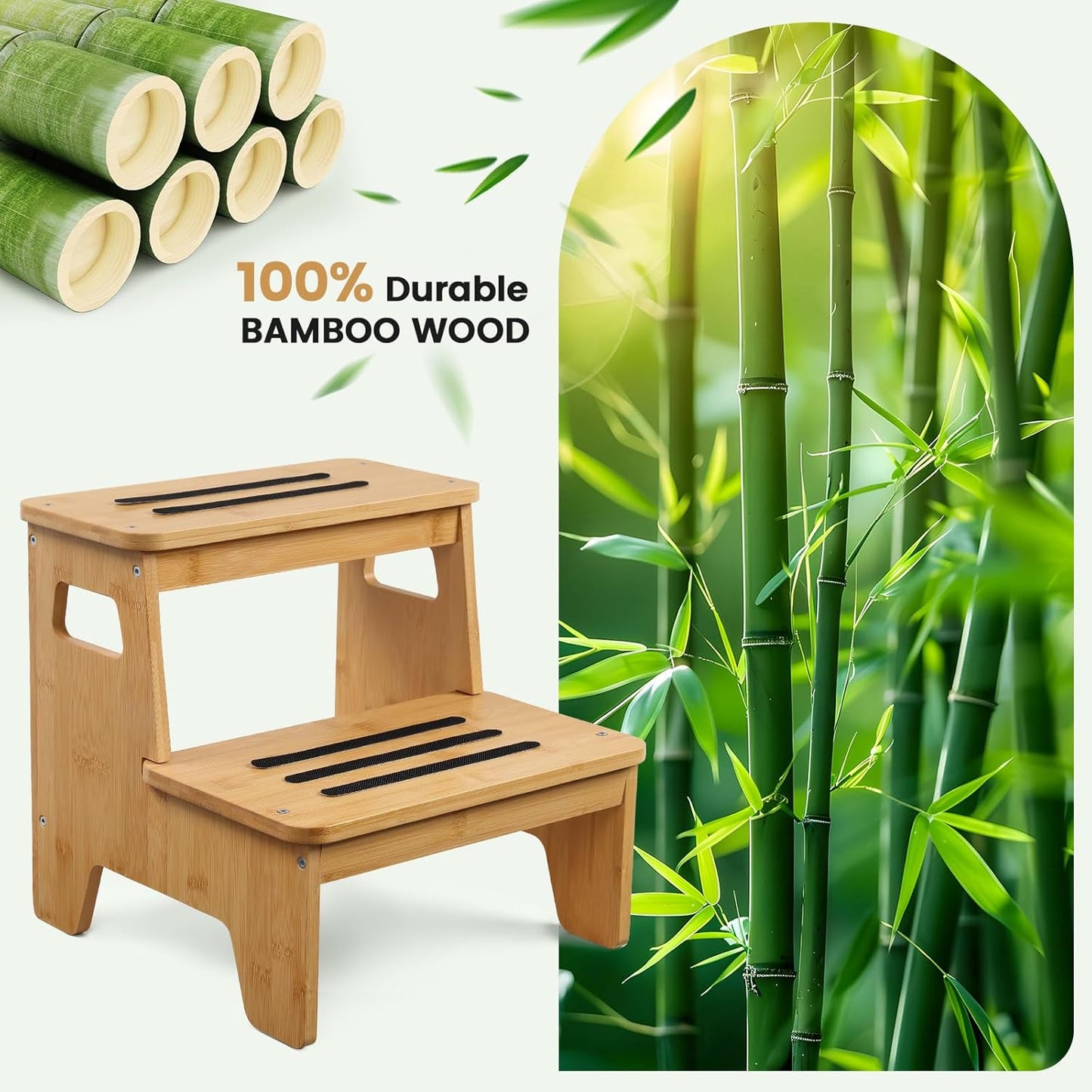 Wooden Step Stools for Kids, Heavy Duty Bamboo 2-Step Stepping Stools for Toddlers, DIY Non-Slip Pads & Handles, for High Bed, Bathroom, Toilet, Kitchen, RV, Natural