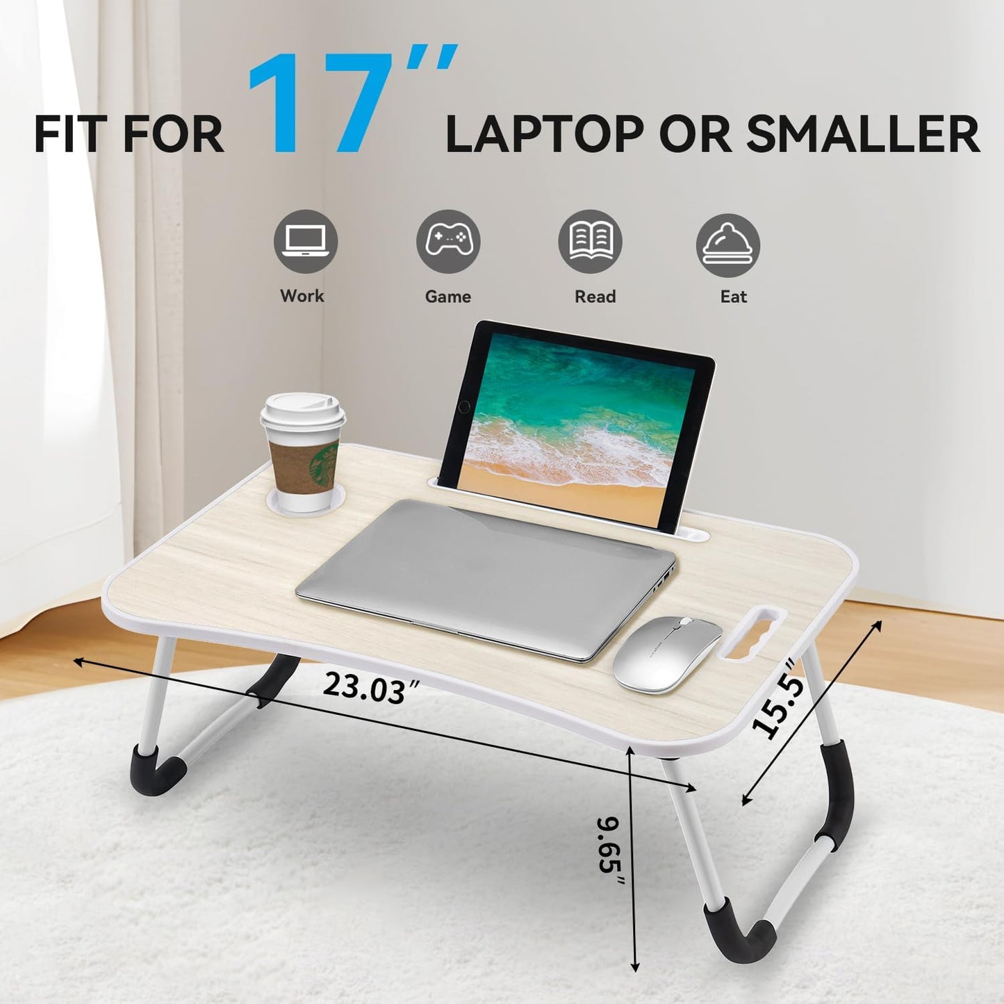 BUYIFY Folding Lap Desk, 23 Inch Portable Wood White Oak Laptop Bed Desk Lap Desk with Cup Holder, for Working Reading Writing, Eating, Watching Movies for Bed Sofa Couch Floor