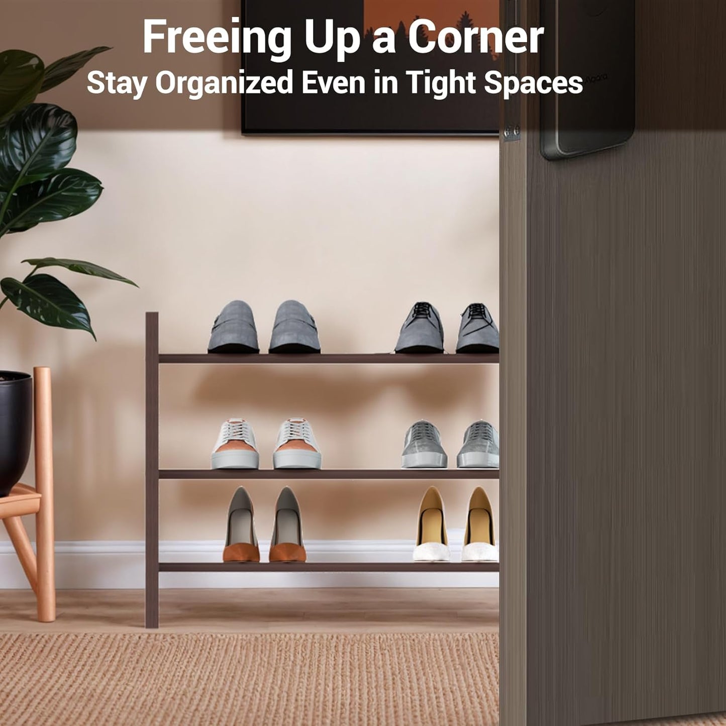 Haddockway Bamboo Shoe Rack for Closet, Free Standing Shoe Organizer with Smooth Round Rods & Convenient Handles, Stackable Shoe Storage Shelf for Entryway, Hallway(Brown, 3-Tier(Small))