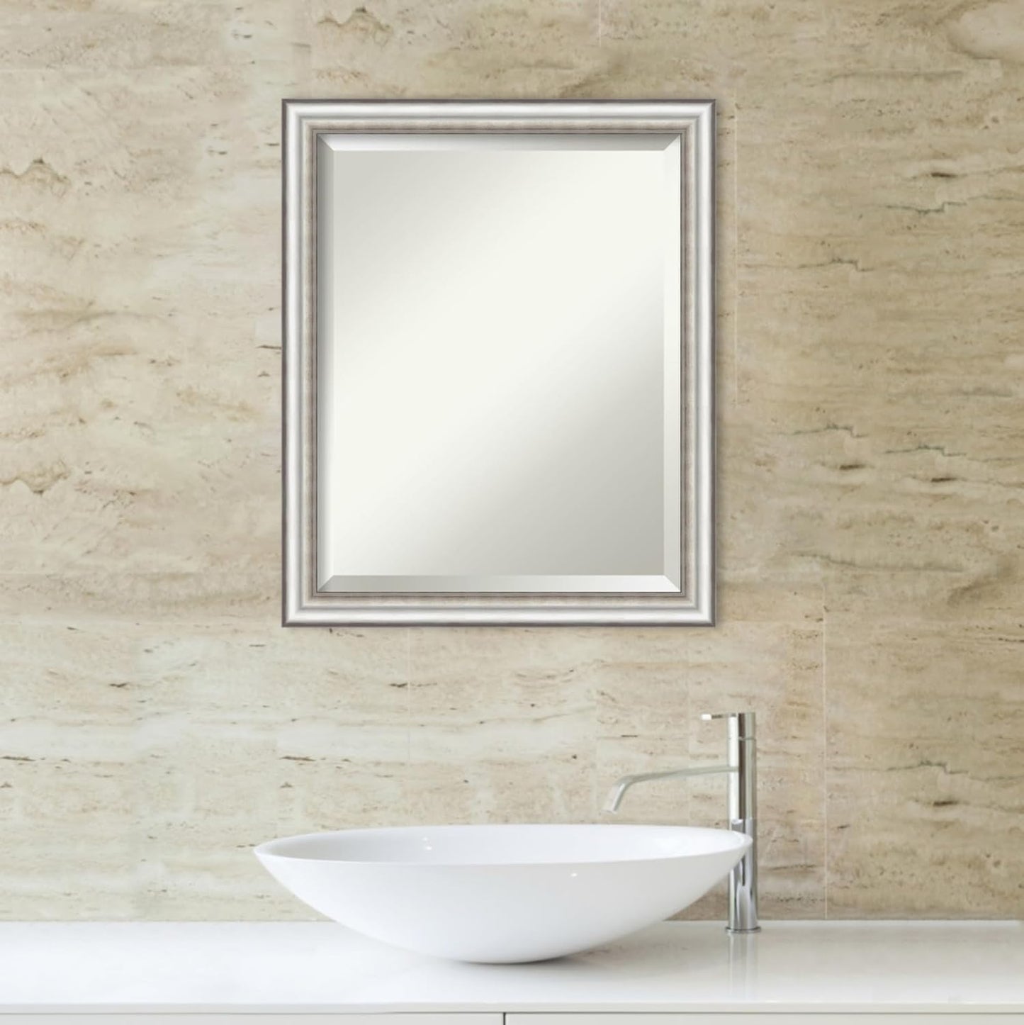 Amanti Art Silver Bathroom Mirror for Over Sink, 23x19 Salon Silver Narrow Rectangle Vanity Mirror, Small Traditional Frame, Hangs Horizonally and Vertically, Bathroom Wall Decor, Beveled Edge