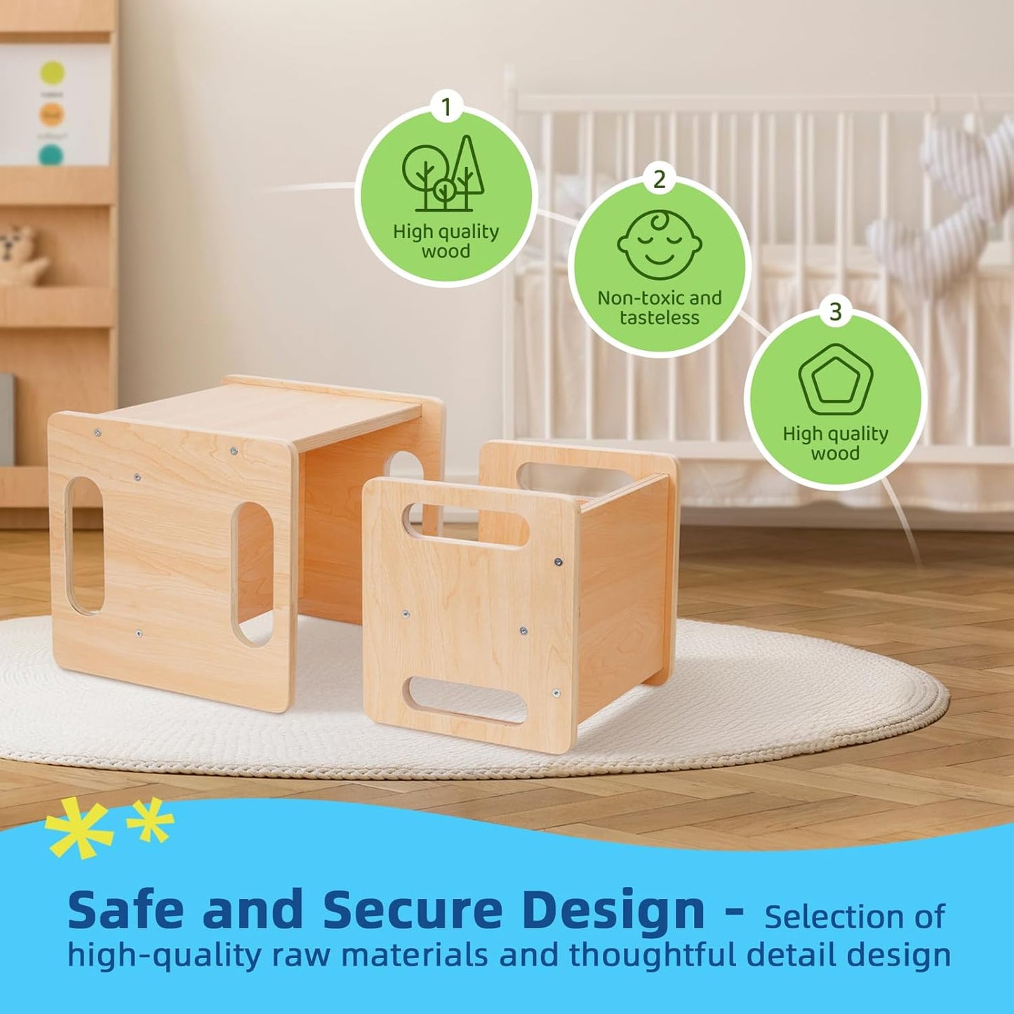 OOOK Montessori Weaning Table and Chair Set, Kids Activity Table and Chair Set with Fence for Read, Play Toys, Snack Time, Step Stool, 1-3 Year Old Kids Montessori Furniture