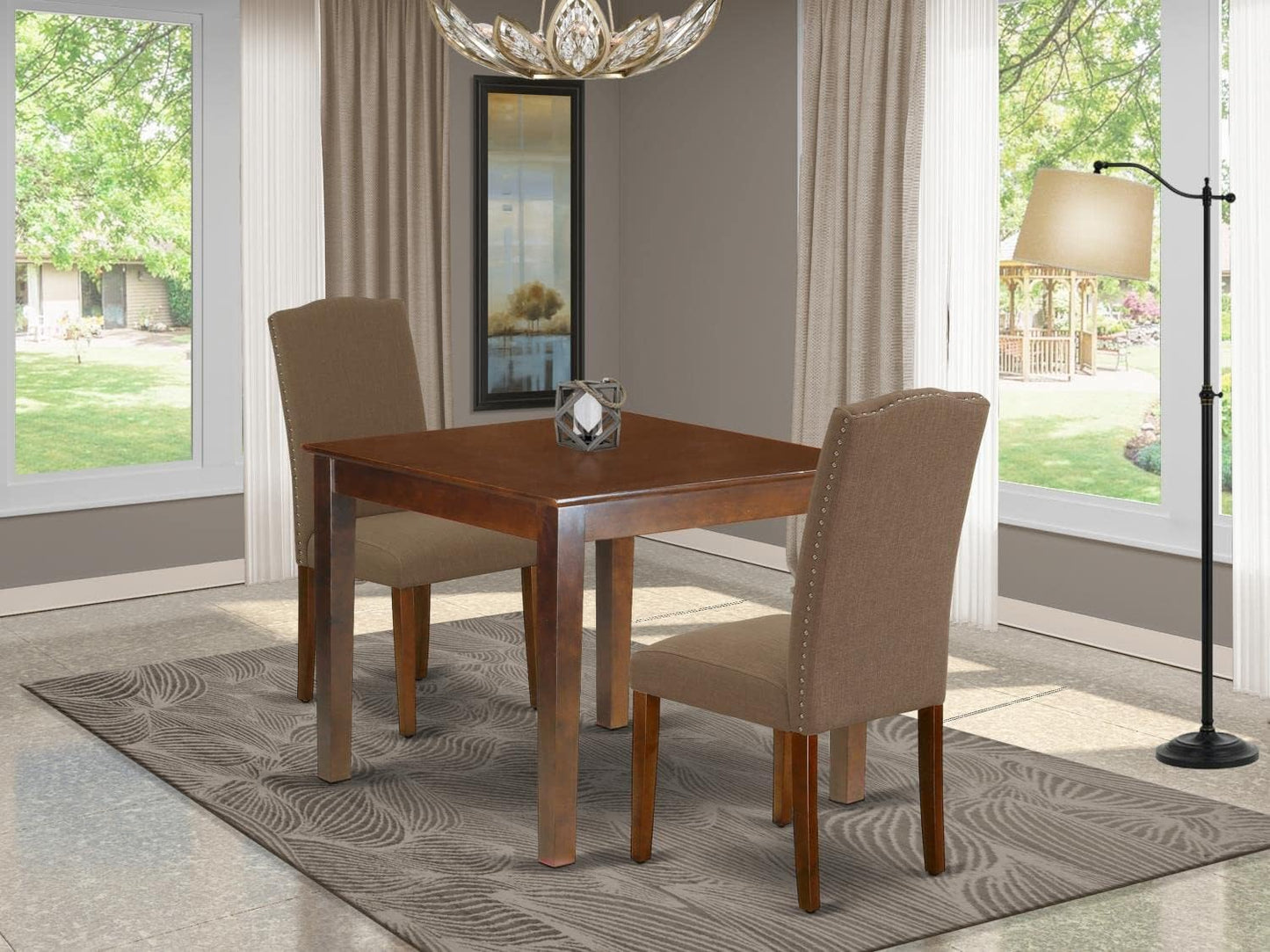 East West Furniture OXEN3-MAH-18 3 Piece Dining Room Table Set Contains a Square Wooden Table and 2 Dark Coffee Linen Fabric Upholstered Parson Chairs, 36x36 Inch, Mahogany