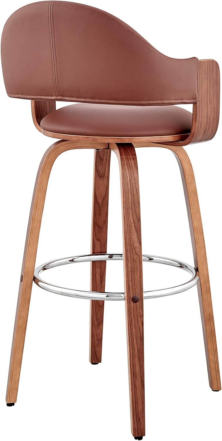 Armen Living Daxton Mid Century Modern Swivel Bar Stool for Kitchen Island Counter in Brown Faux Leather and Walnut Wood, 26" Seat Height