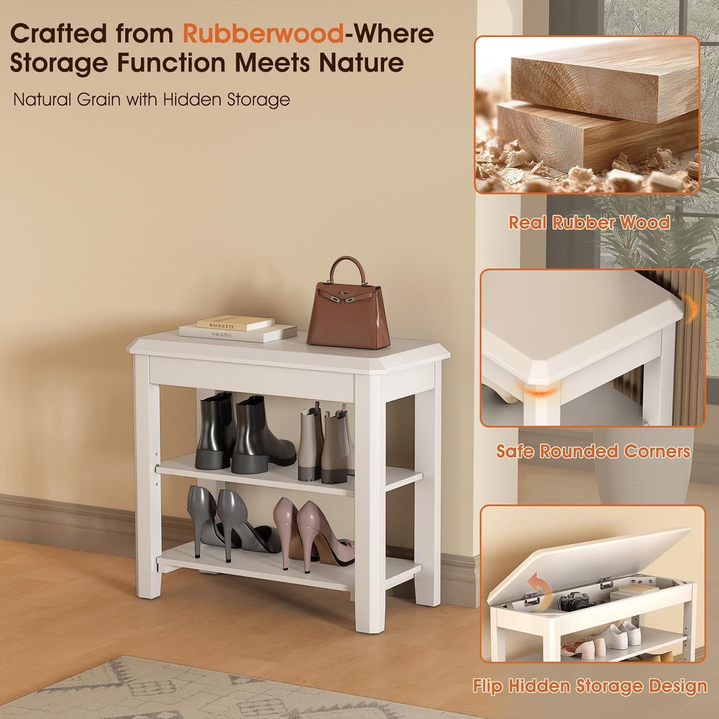 Shoe Rack Bench Seat Rubberwood 2-Tier Wooden Storage Bench 550lbs Compact Mid-Century Modern Design for Entryway, Hallway, Closet, Front Door Entrance, Foyer