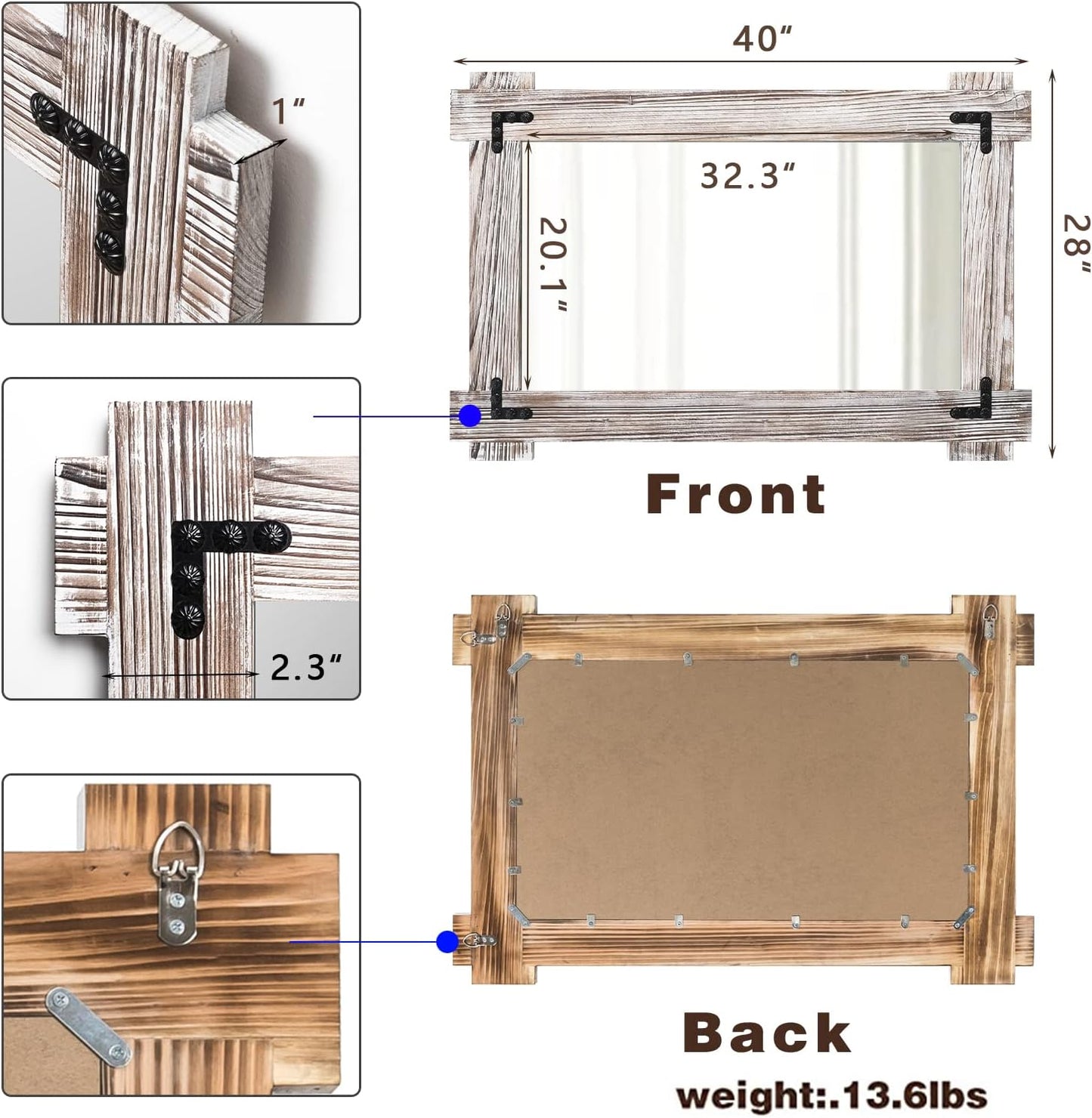 MeMoreCool Farmhouse Rustic Wood Framed Bathroom Mirror, Decorative Wall Mounted Rectangular Mirror for Bedroom, Living Room, or Bathroom, 40x28 Inch, White