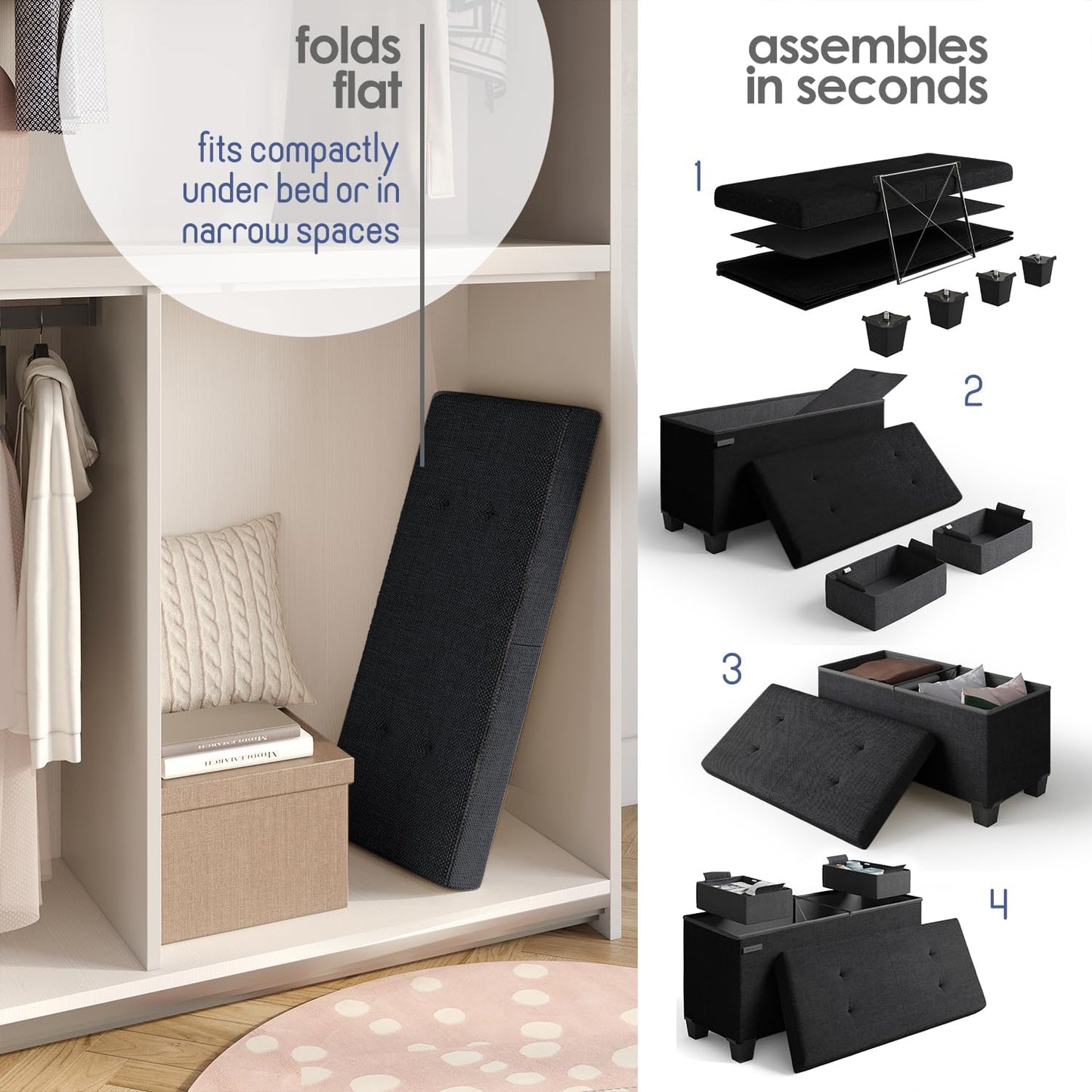 STORAGEBUD Storage Ottoman Bench with Bins, 30-in Storage Bench for Bedroom End of Bed, Folding Foot Rest Ottoman for Living Room Max 660lbs, Fabric Ottomans, Black