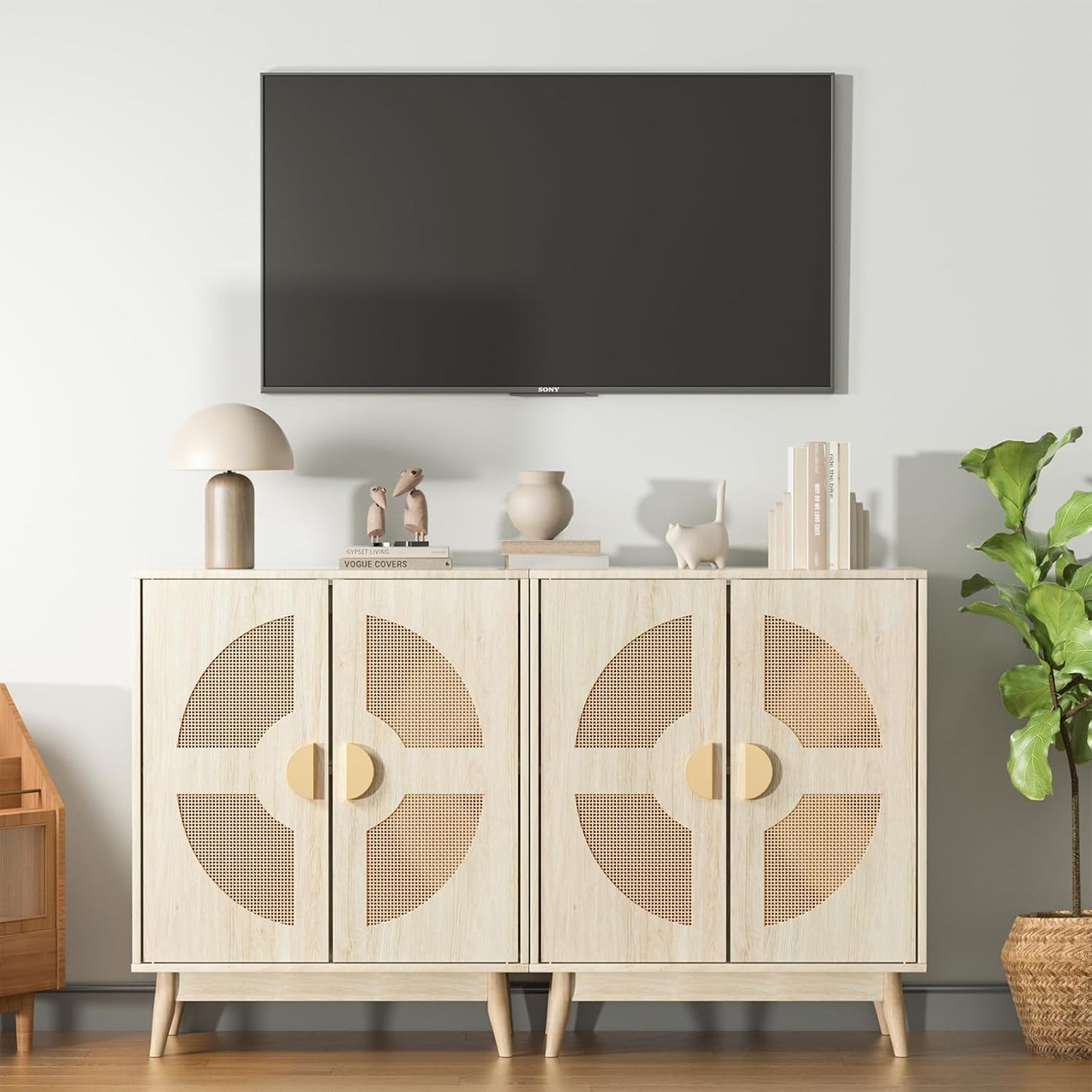 Buffet Cabinet with Storage Sideboard Accent Modern Credenza with Doors & Shelves 32.9" Rattan Media Console Mid Century Coffee Bar Table for Living Room Kitchen Dining Room Hallway