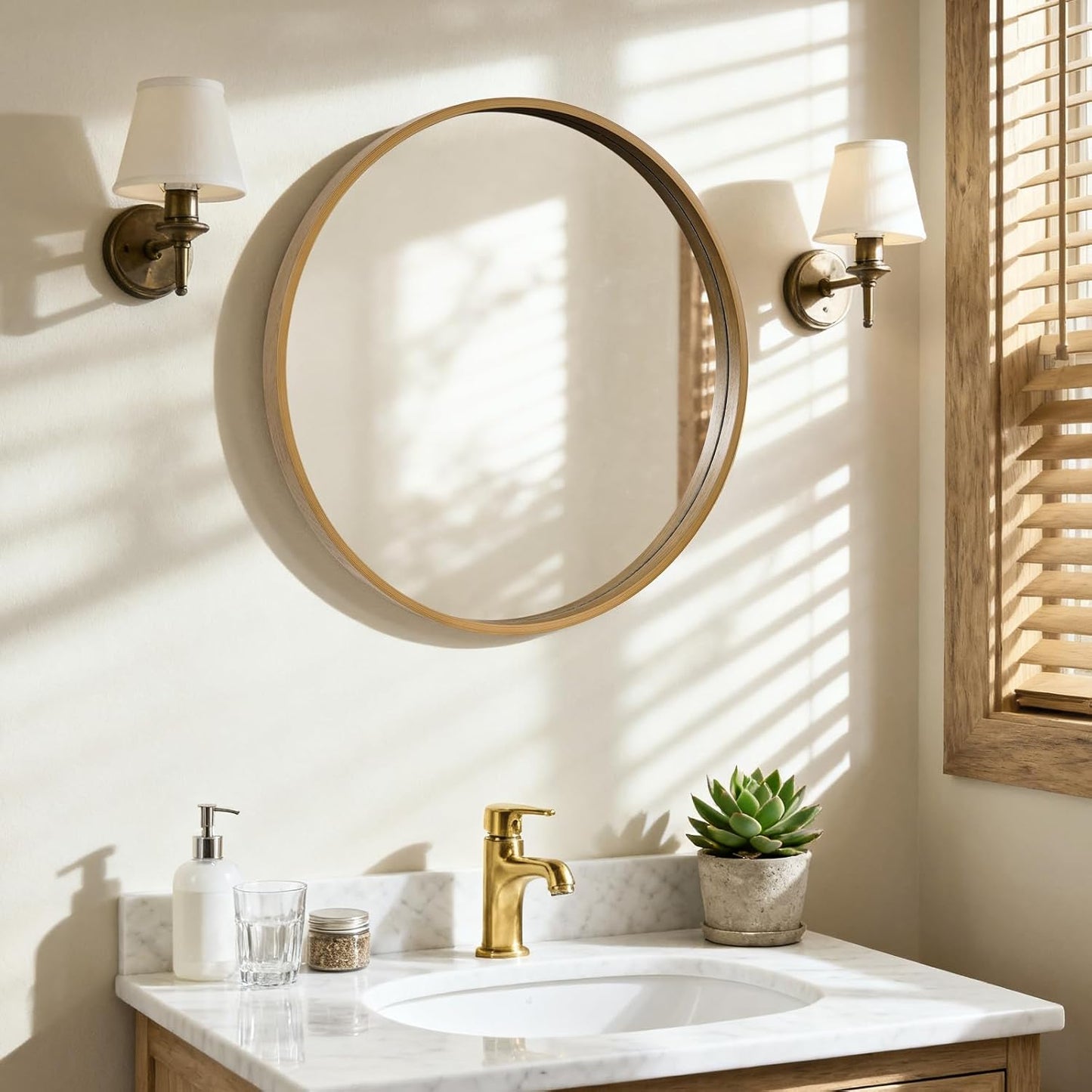 HOMECOOKIN Round Wood Mirror 24 inch Circle Wall Mirror for Bathroom, Vanity, Entryway, Living Room Decor, Natural Wood Accent Mirror