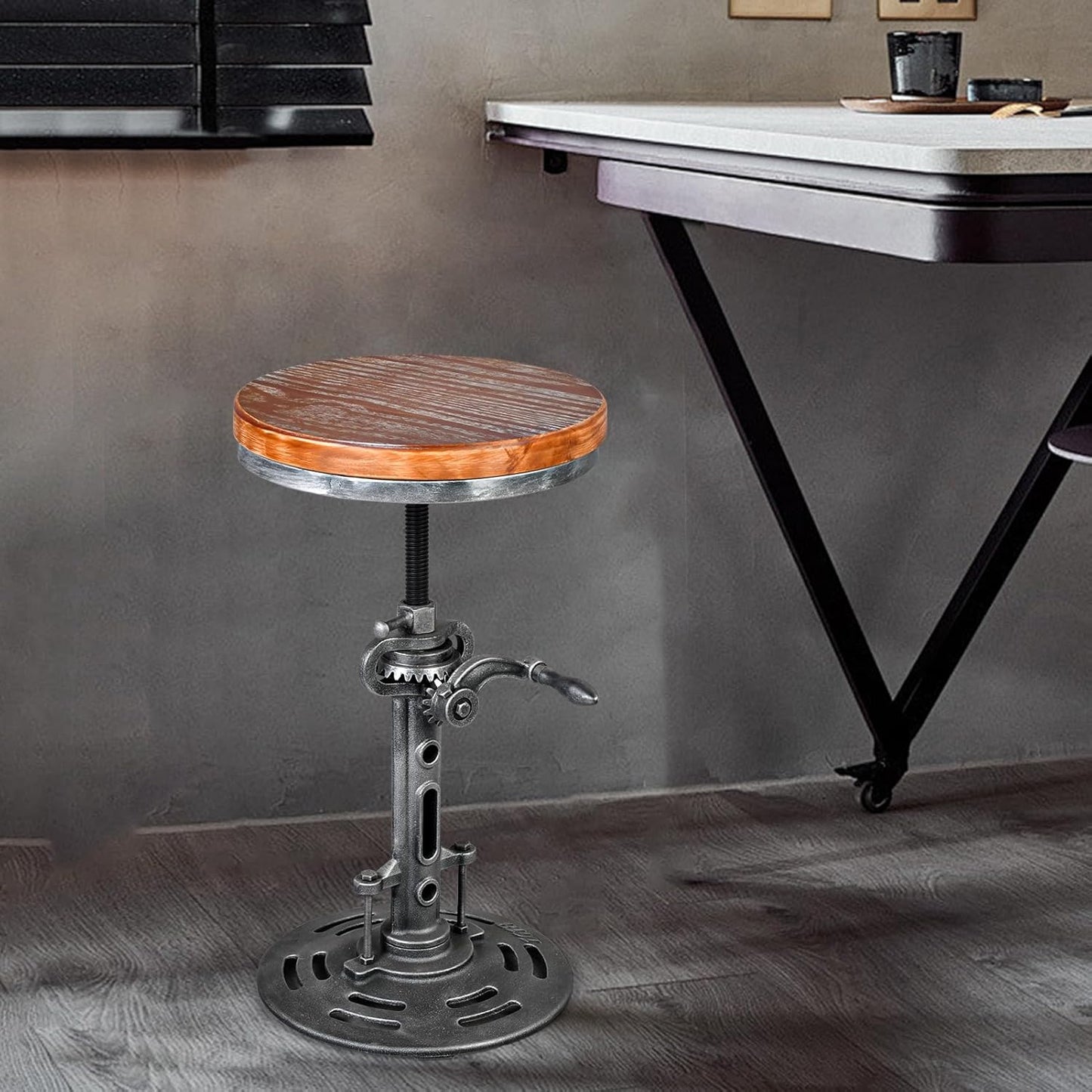 LOKKHAN American Antique Steampunk Deco Vintage Industrial Bar Cafe Stool, Retro Stylish Cast Iron Base Swivel Round Wood Top, Easily Adjusts by Crank Handle