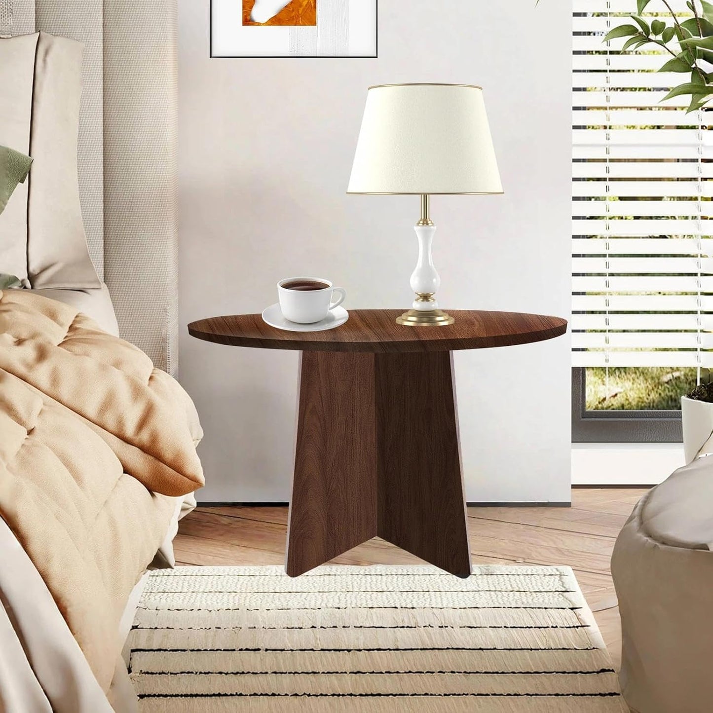 Wood Side Table, Round End Tables Living Room, Small Round Side Table for Couch, Small Spaces, Bedroom, Bedside, 15.7 x 15.7 in Accent Tables, Rustic Walnut