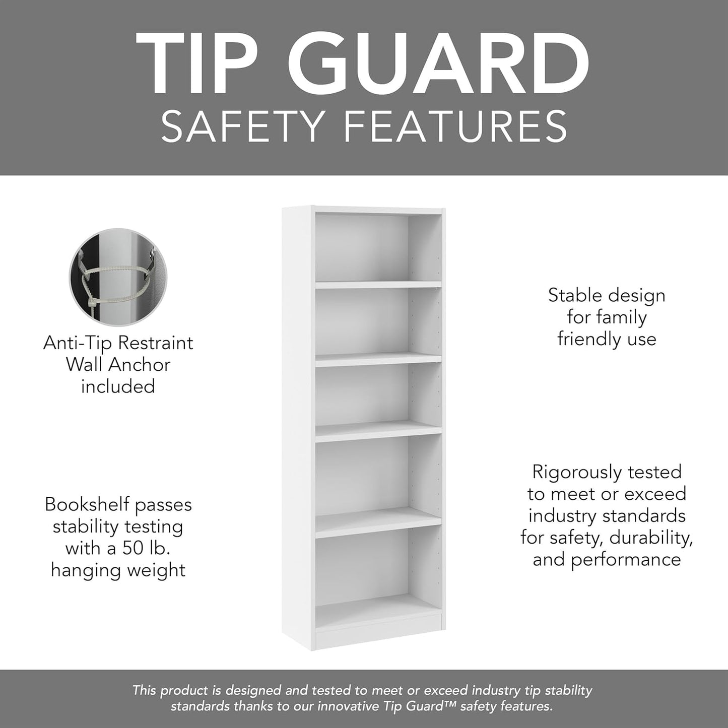 Bush Furniture Universal 25W Tall 5 Shelf Bookcase in White, Vertical Storage and Display Bookshelf for Home Office or Living Room Organization