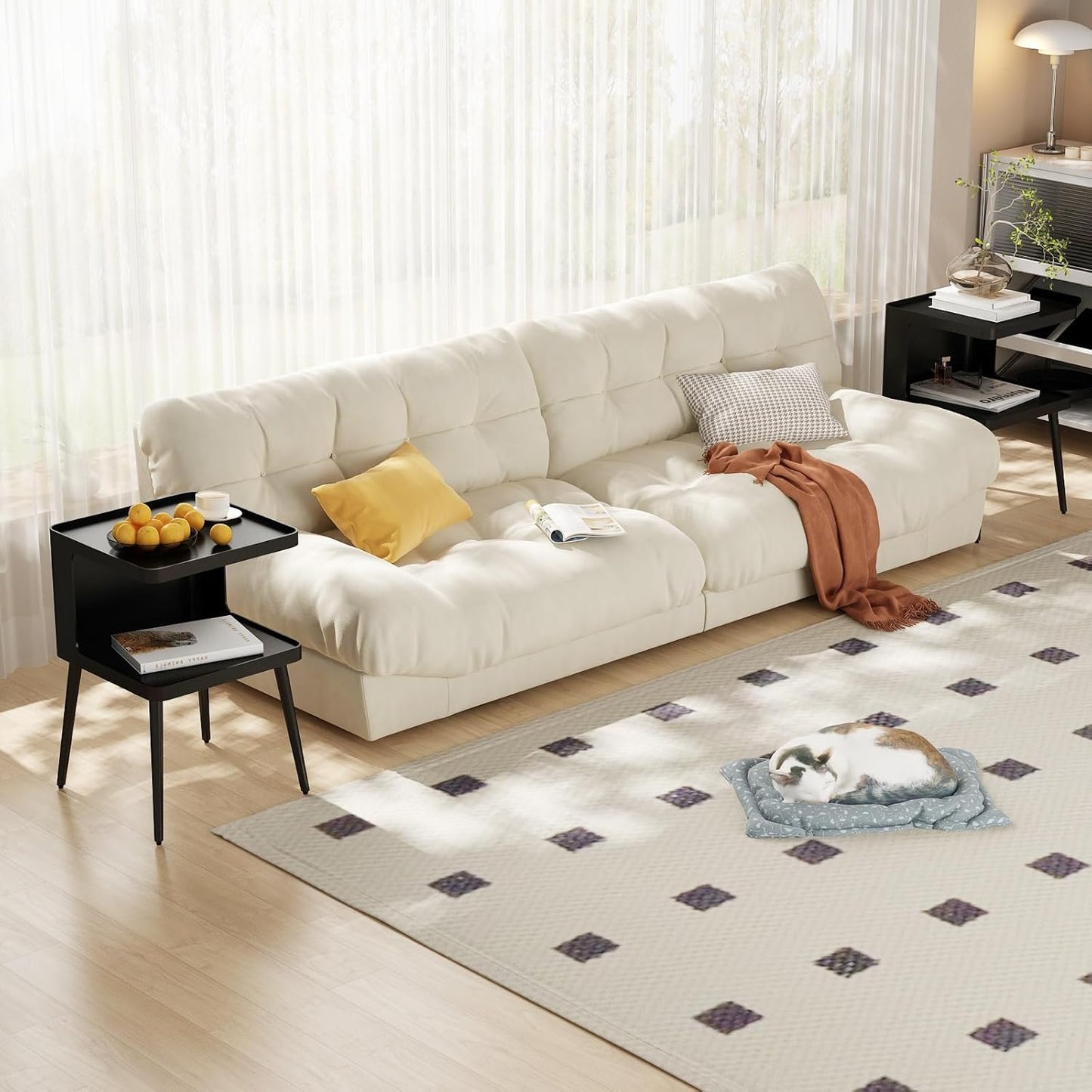 Black Modern Side Table, 2 Tier Small End Tables Bedroom, Metal Side Tables Living Room with 4 Legs, Black Nightstand Square Accent Table for Indoor Outdoor, Easy Assembly