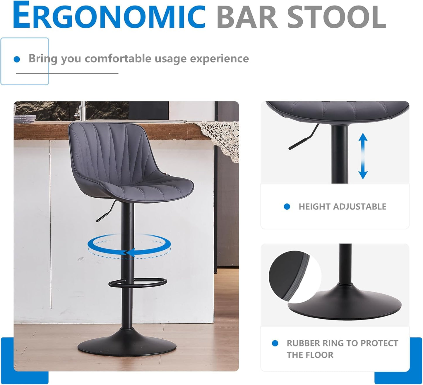 YOUNIKE Bar Stools Set of 2 for Kitchen Island, Purple-Tinted Gray Swivel Tall Bar Stools, Faux Leather Padded Barstools with Back, Modern Counter Height Bar Chairs, Easy to Assemble