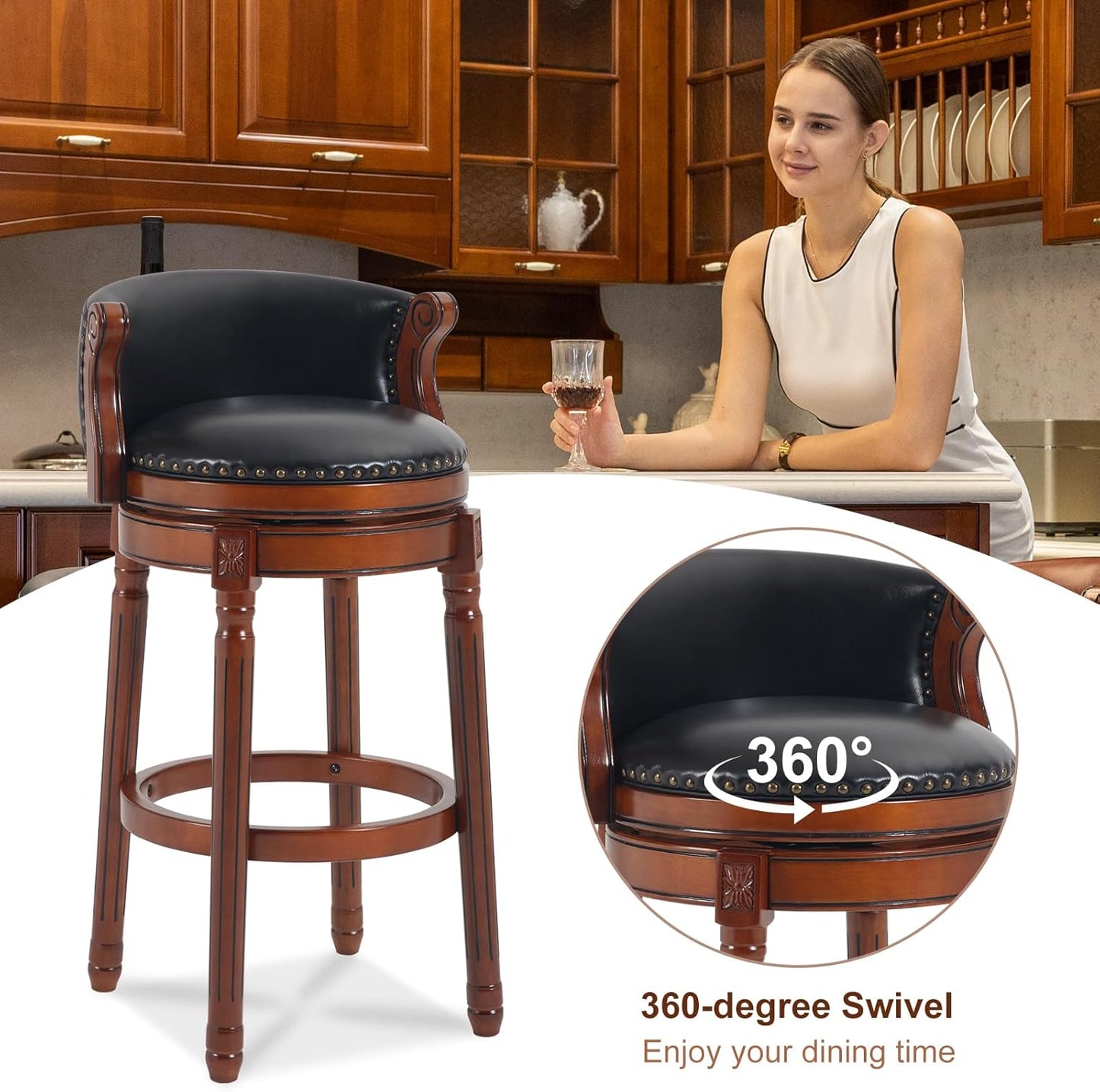 CozyRain Bar Stools Rubber Wood Counter Height Bar Stool Leather Upholstered Swivel Barstools with Back & Footrest for Home,Kitchen,Counter,Dining Room (Black, Seat Height 29.5 in)