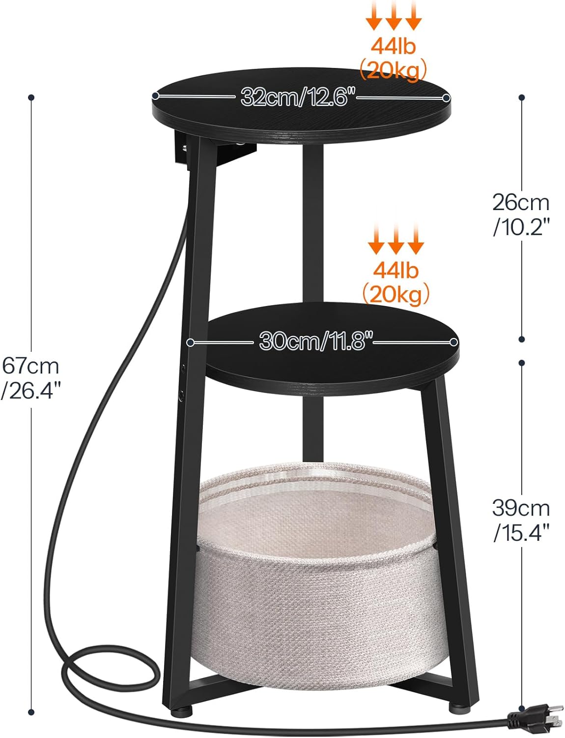 HOOBRO Small Round Side Table with Charging Station, Round End Accent Table with Fabric Storage Basket, Compact Circle Nightstand for Small Space in Living Room, Bedroom, Black BB169UBZ01