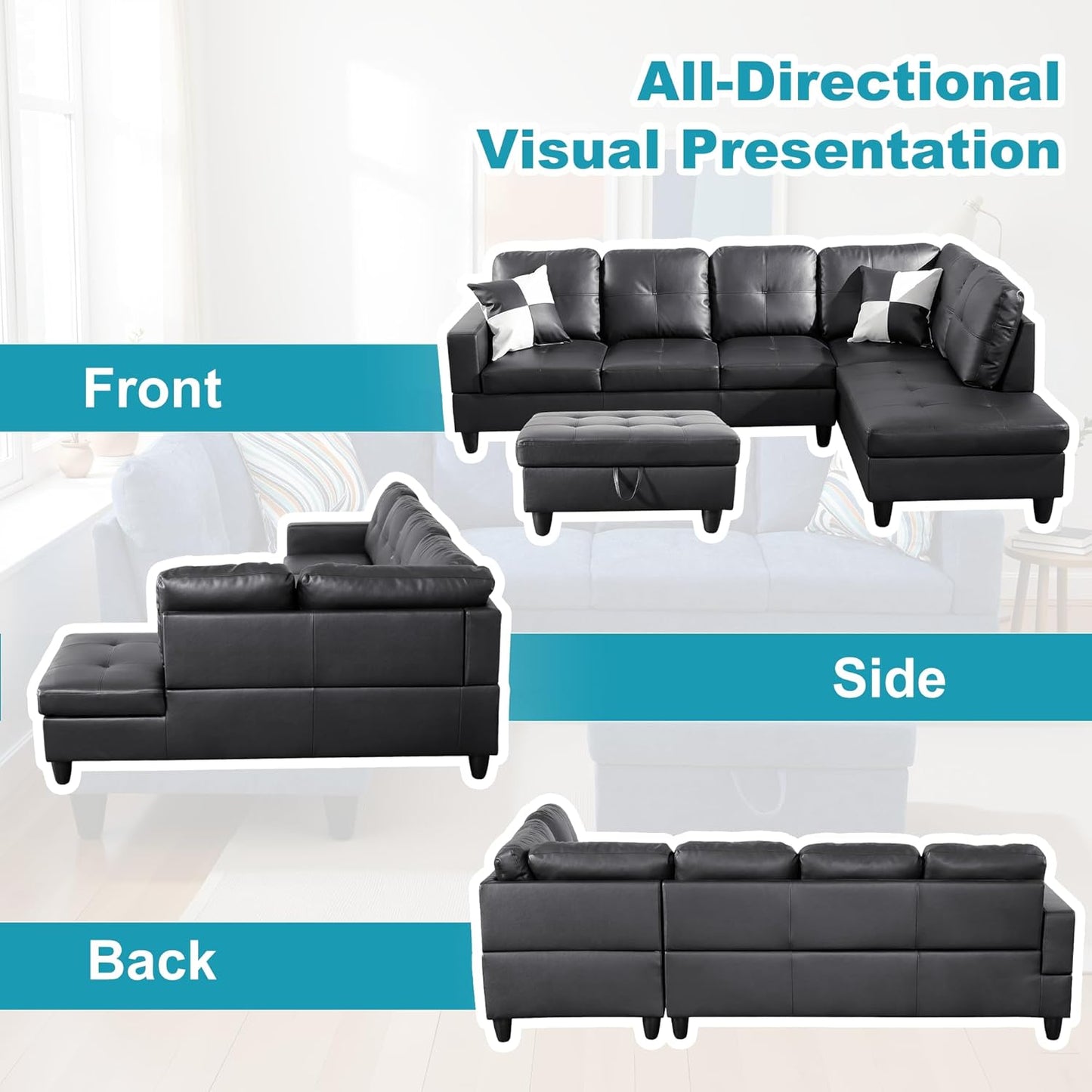 Couches for Living Room Faux Leather L Shaped Couch Comfy 3 Pieces Sectional Sofa with Chaise, Ottoman with Storage for Office and Small Apartment, Black