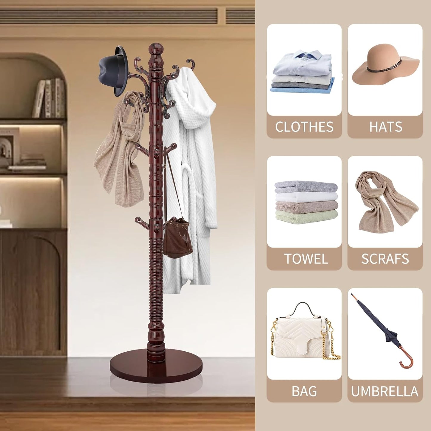 Wood Coat Rack Stand, Vintage Wooden Coat Rack Freestanding with Sturdy Round Base,Classic Coat Racks with 14 Hooks, Natural Birch Wood Standing Coat for Entryway (Vintage Round chassis)